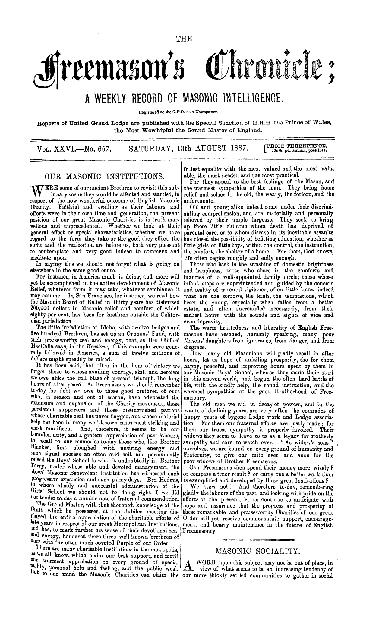 The Freemason's Chronicle: 1887-08-13 - Masonic Sociality.