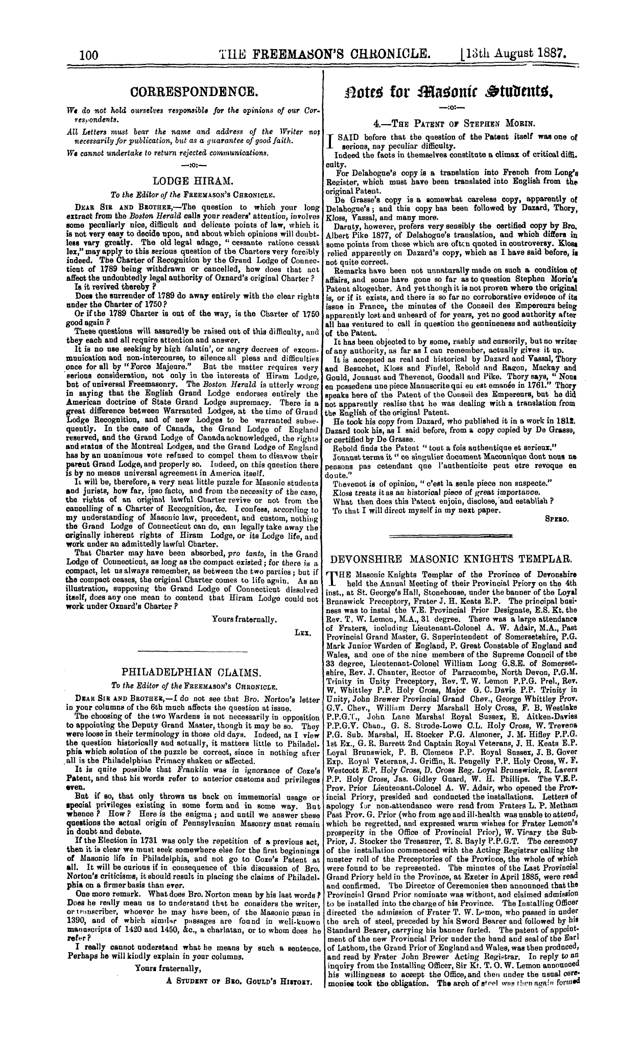 The Freemason's Chronicle: 1887-08-13: 4