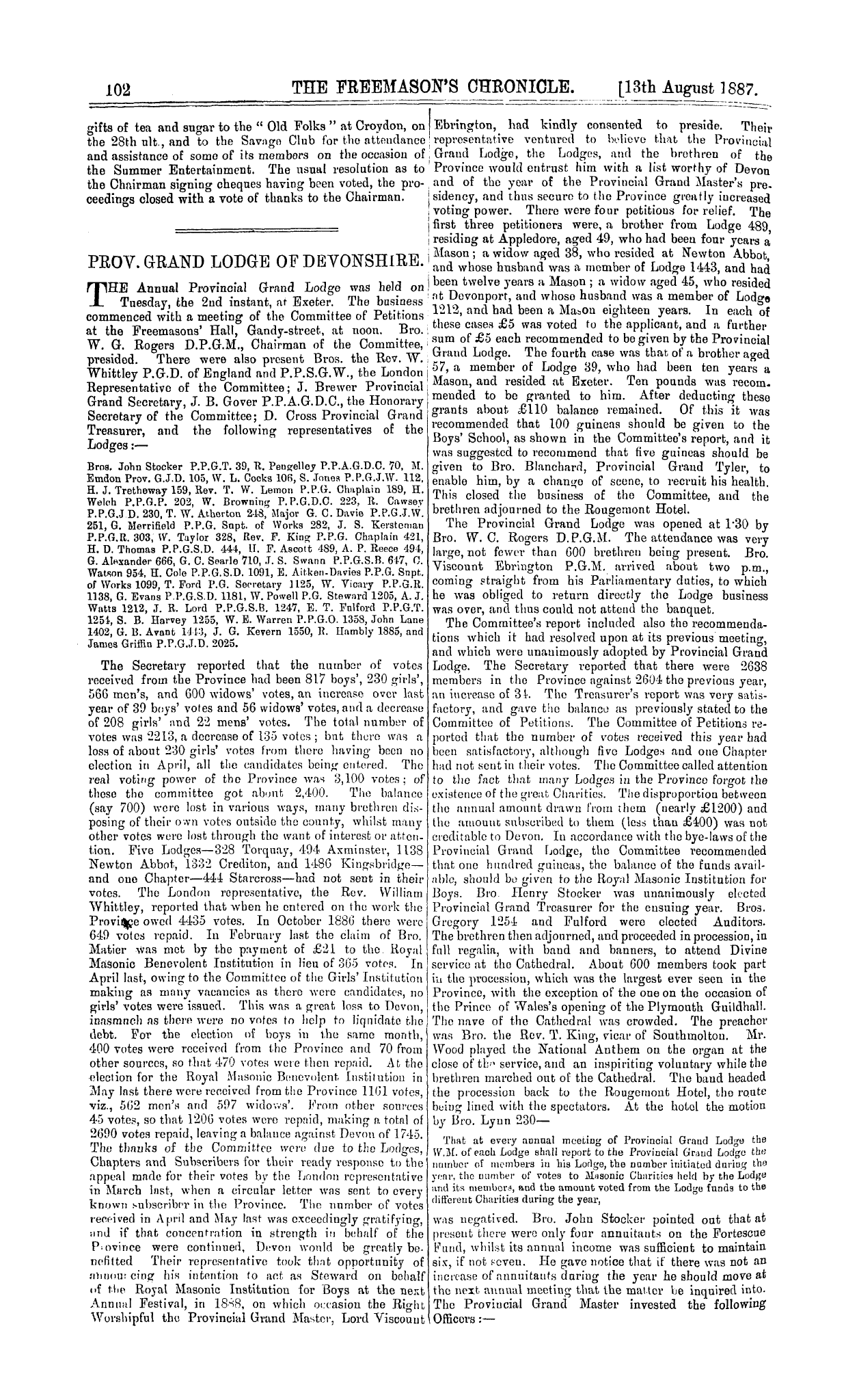 The Freemason's Chronicle: 1887-08-13 - Prov. Grand Lodge Of Devonshire.