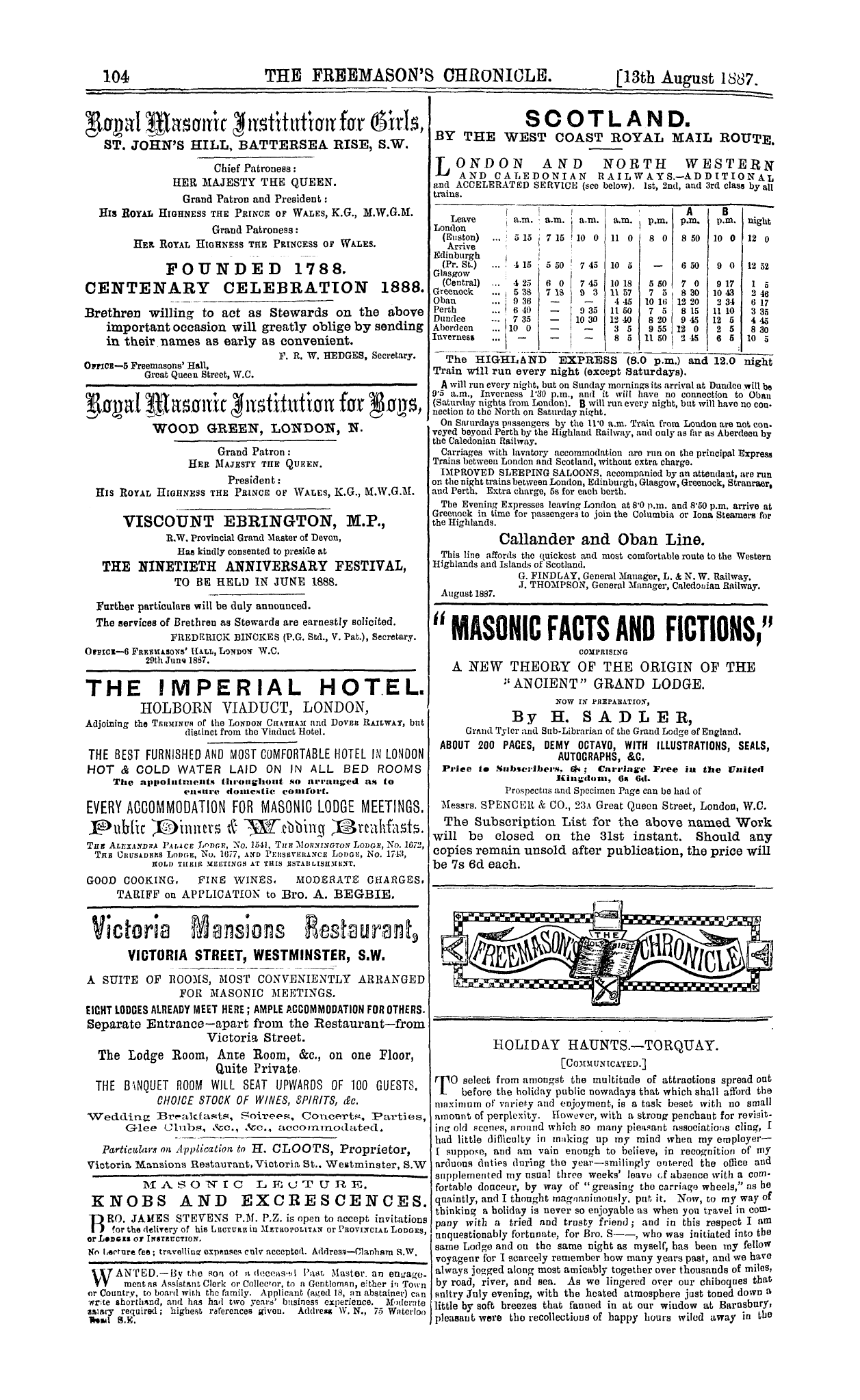 The Freemason's Chronicle: 1887-08-13 - Ad00804