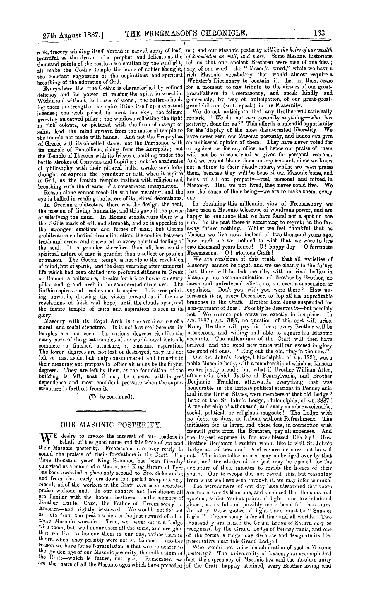 The Freemason's Chronicle: 1887-08-27 - Our Masonic Posterity.