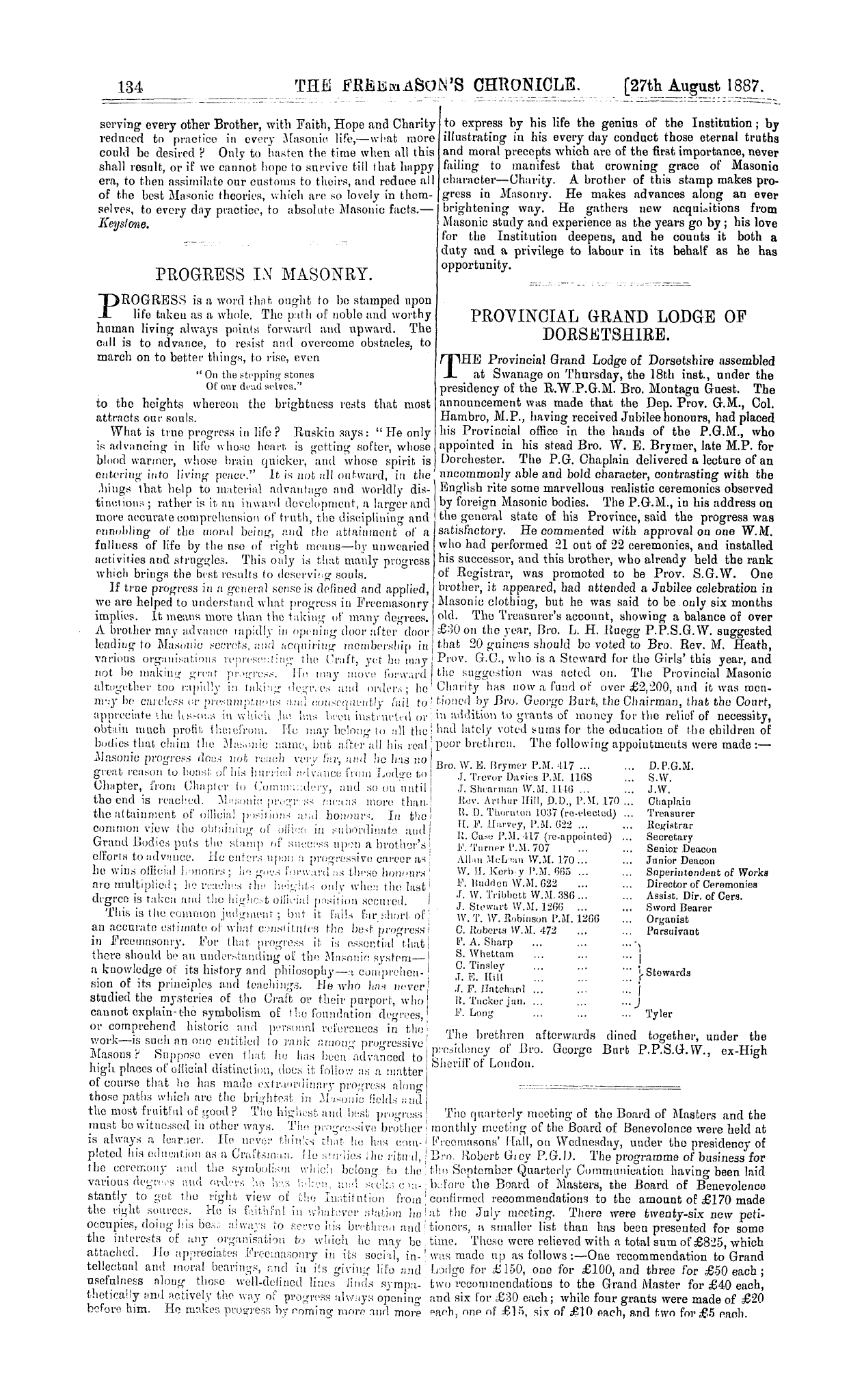 The Freemason's Chronicle: 1887-08-27 - Progress In Masonry.