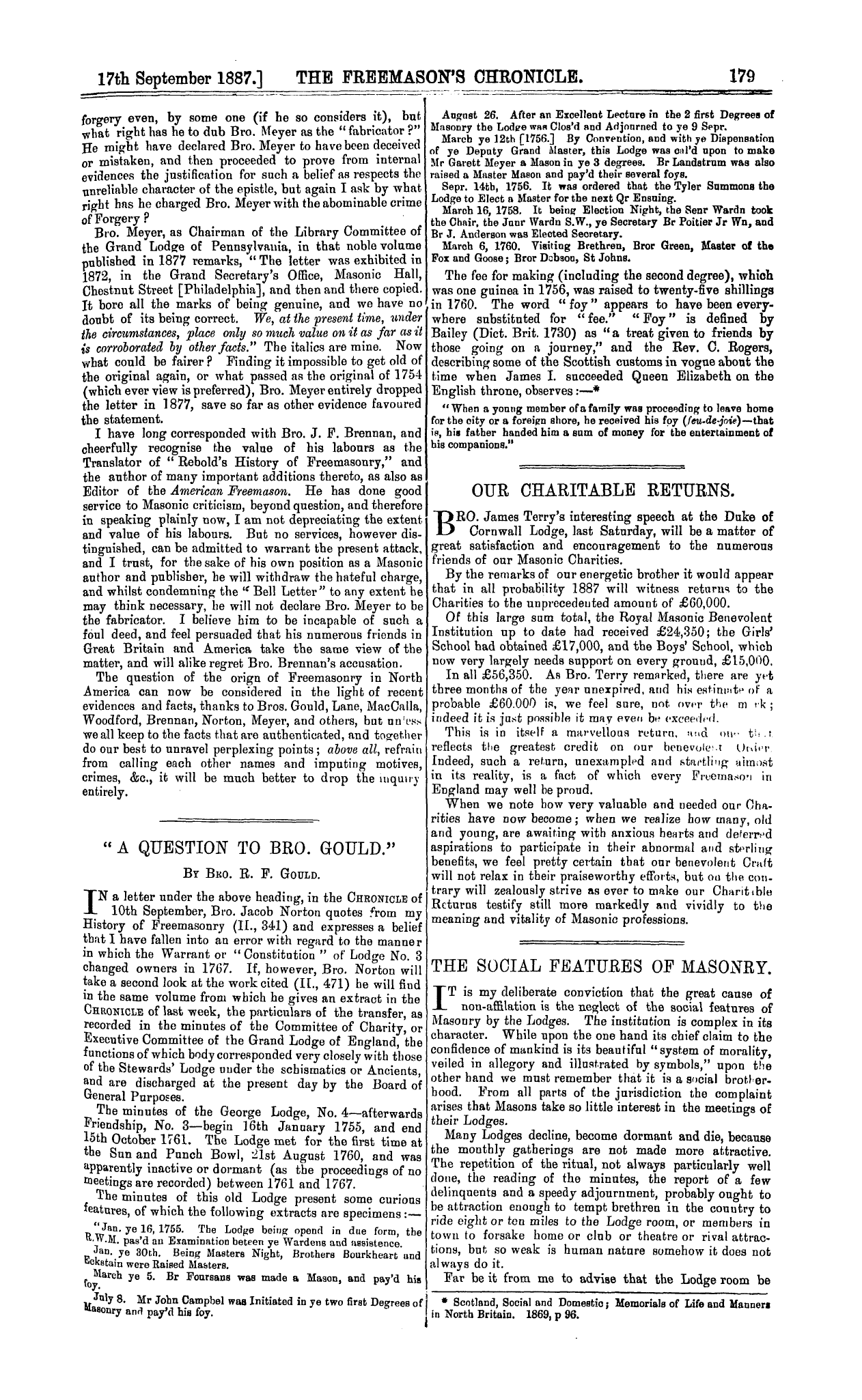 The Freemason's Chronicle: 1887-09-17 - Our Charitable Returns.