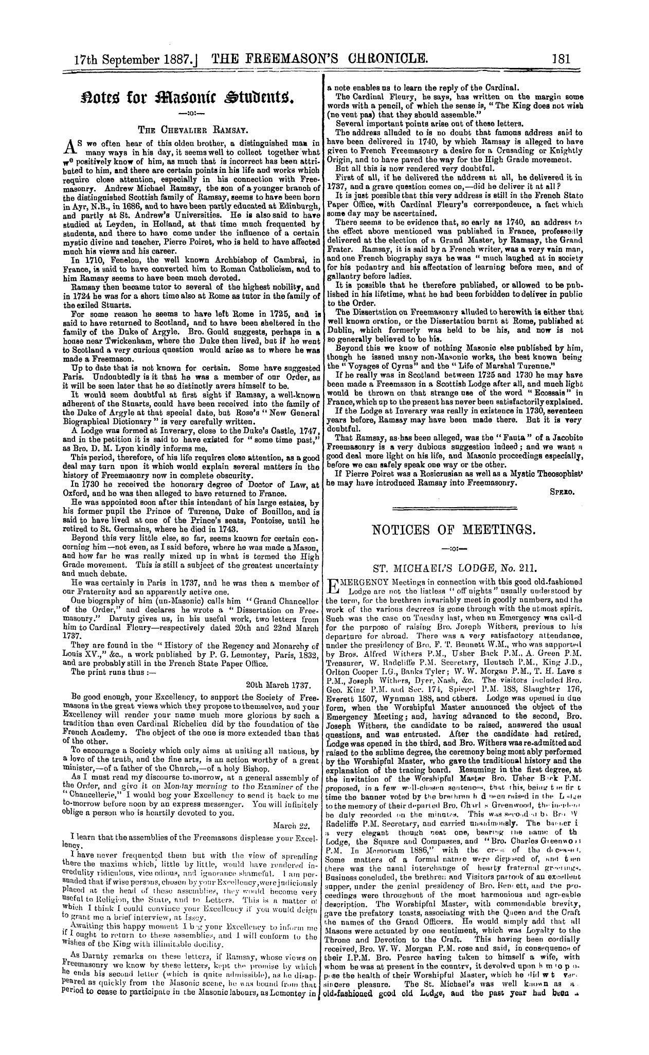 The Freemason's Chronicle: 1887-09-17 - Notices Of Meetings.