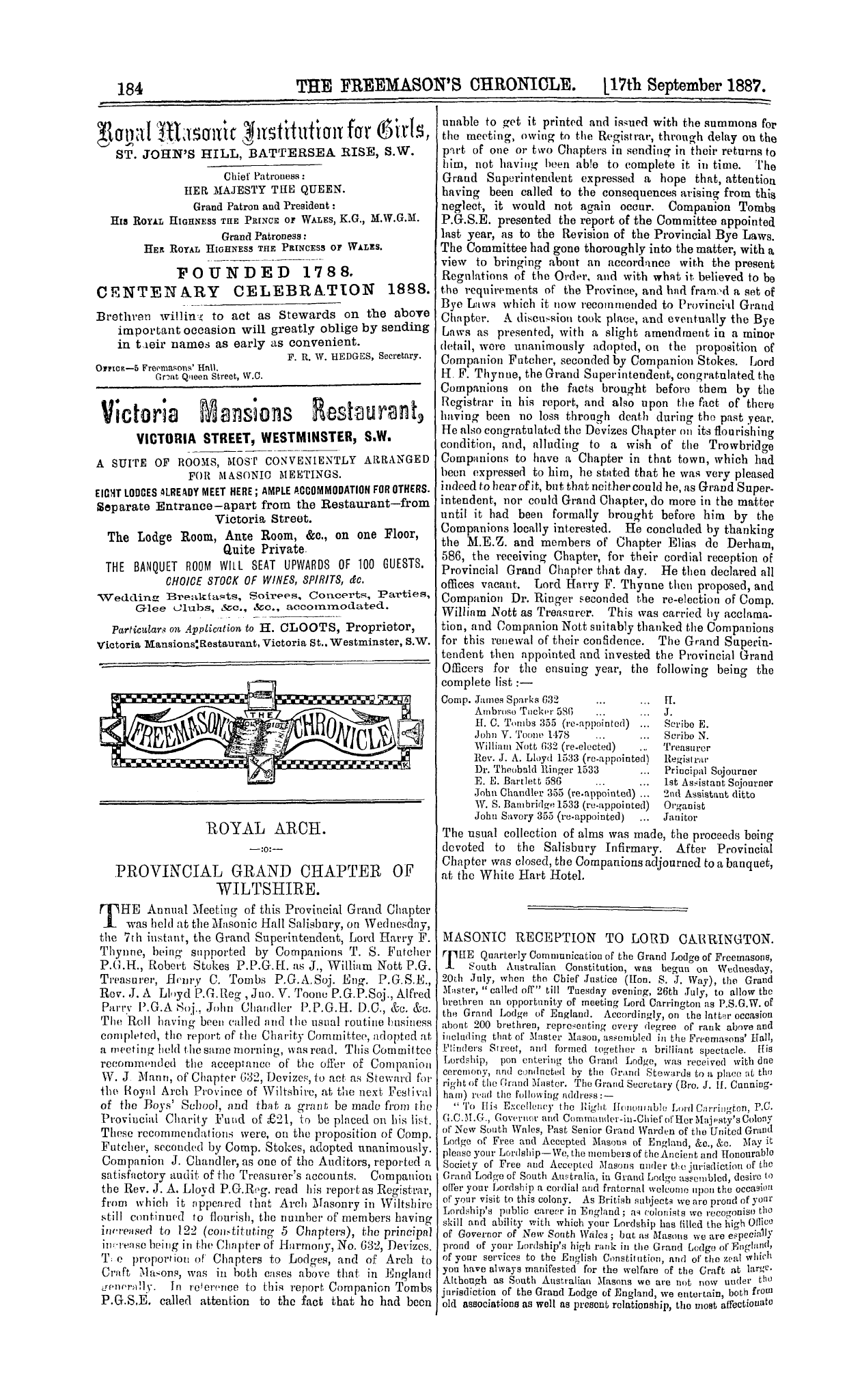 The Freemason's Chronicle: 1887-09-17 - Masonic Reception To Lord Carrington.