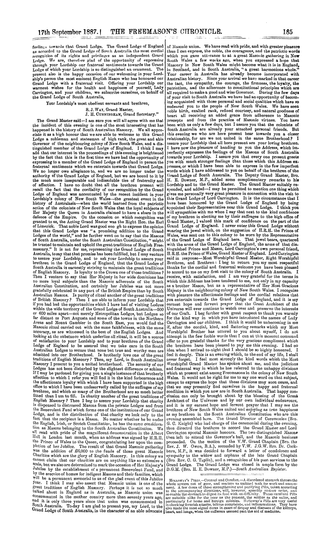 The Freemason's Chronicle: 1887-09-17 - Masonic Reception To Lord Carrington.