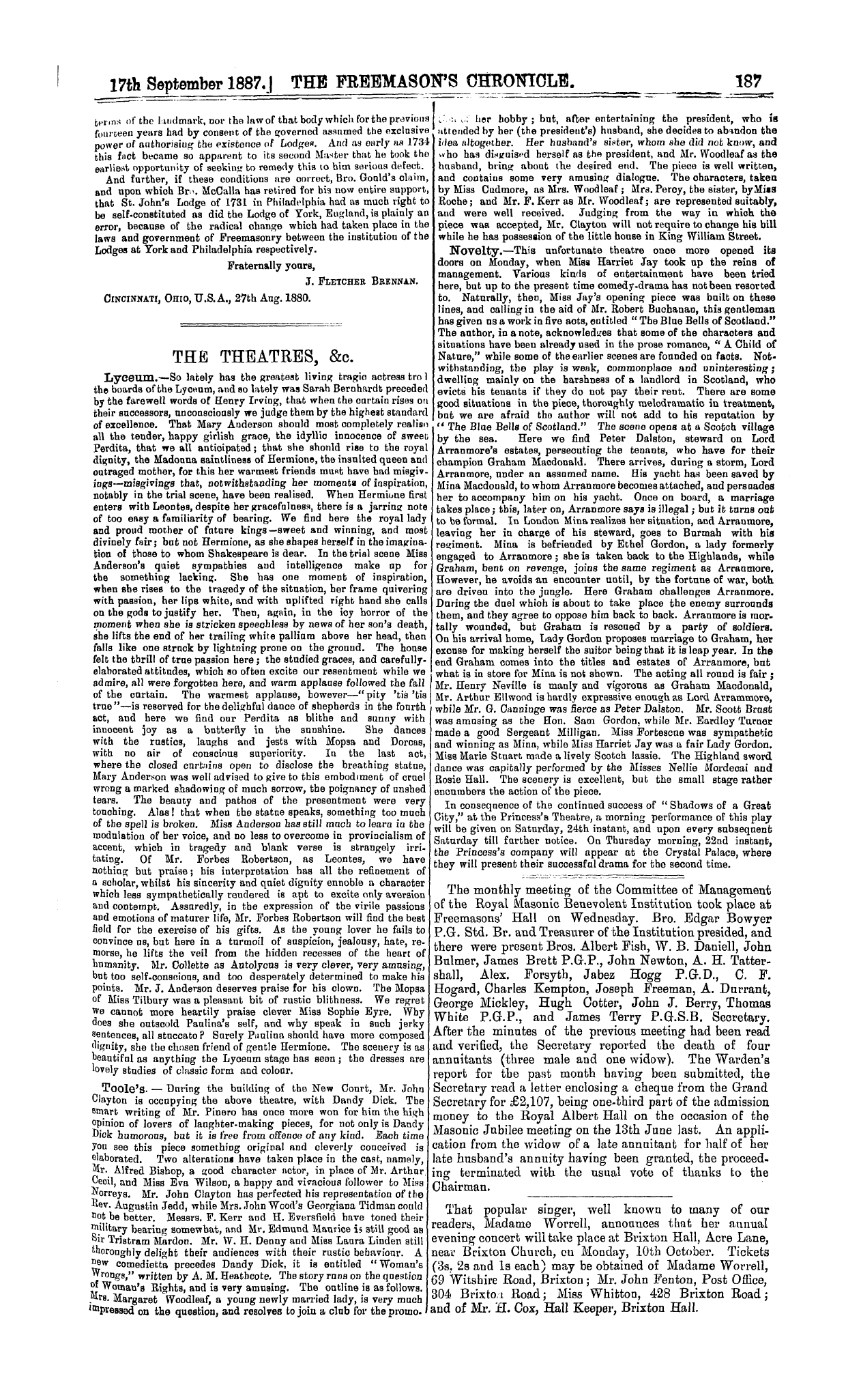 The Freemason's Chronicle: 1887-09-17 - The Theatres, &C.