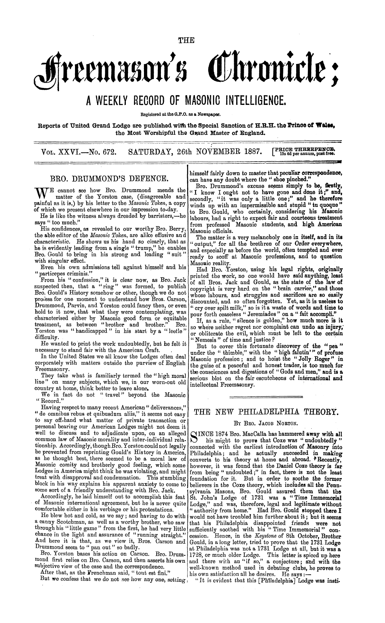 The Freemason's Chronicle: 1887-11-26 - The New Philadelphia Theory.