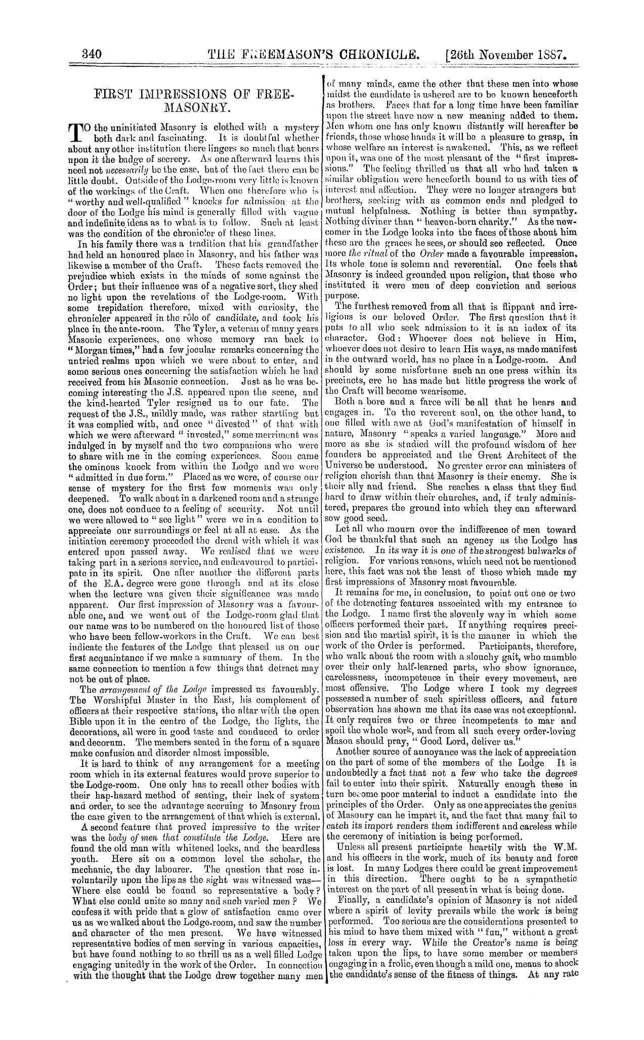 The Freemason's Chronicle: 1887-11-26 - First Impressions Of Freemasonry.