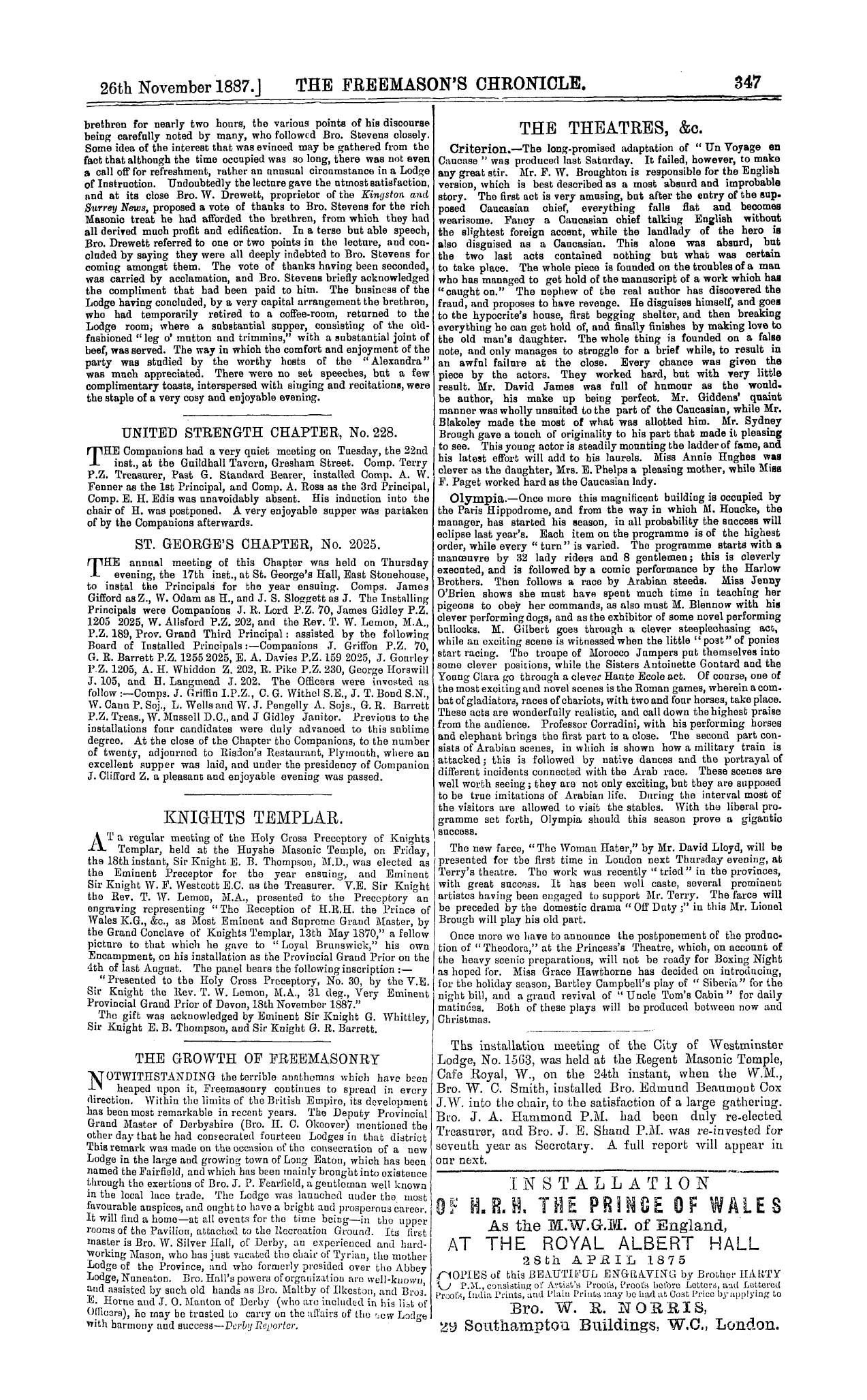 The Freemason's Chronicle: 1887-11-26 - The Theatres, &C.