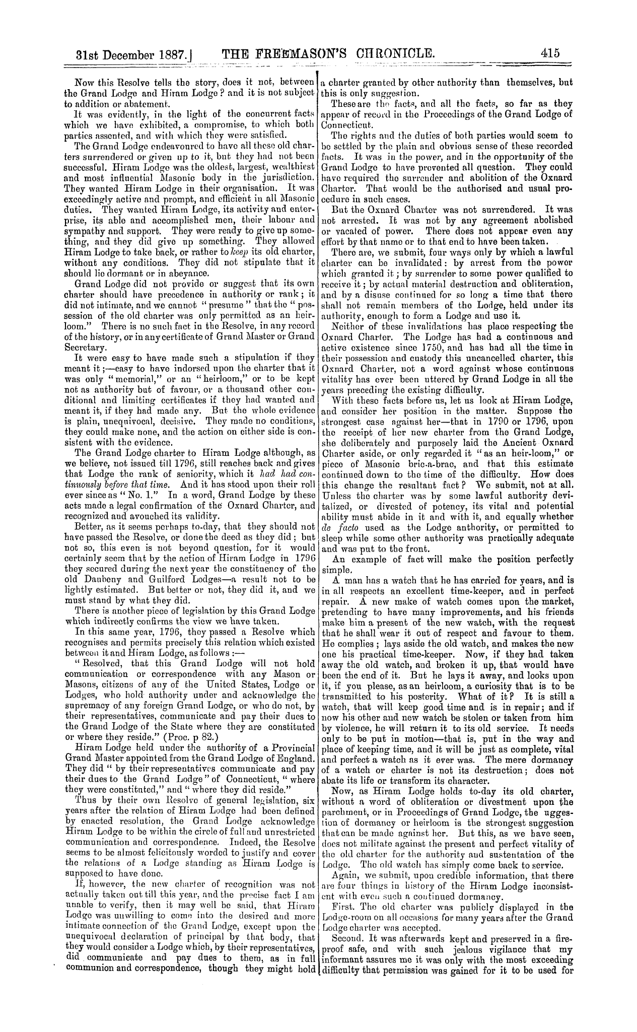 The Freemason's Chronicle: 1887-12-31 - Hiram Lodge.