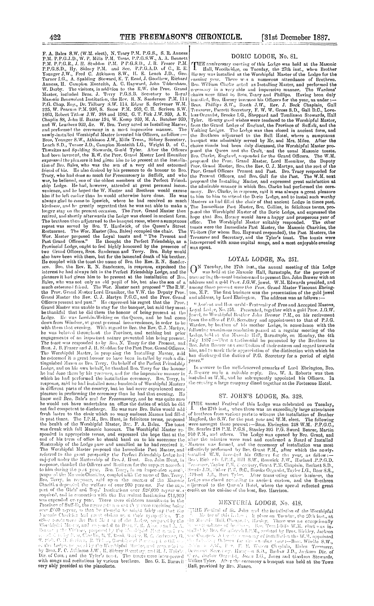 The Freemason's Chronicle: 1887-12-31 - Installation Meetings, &C.