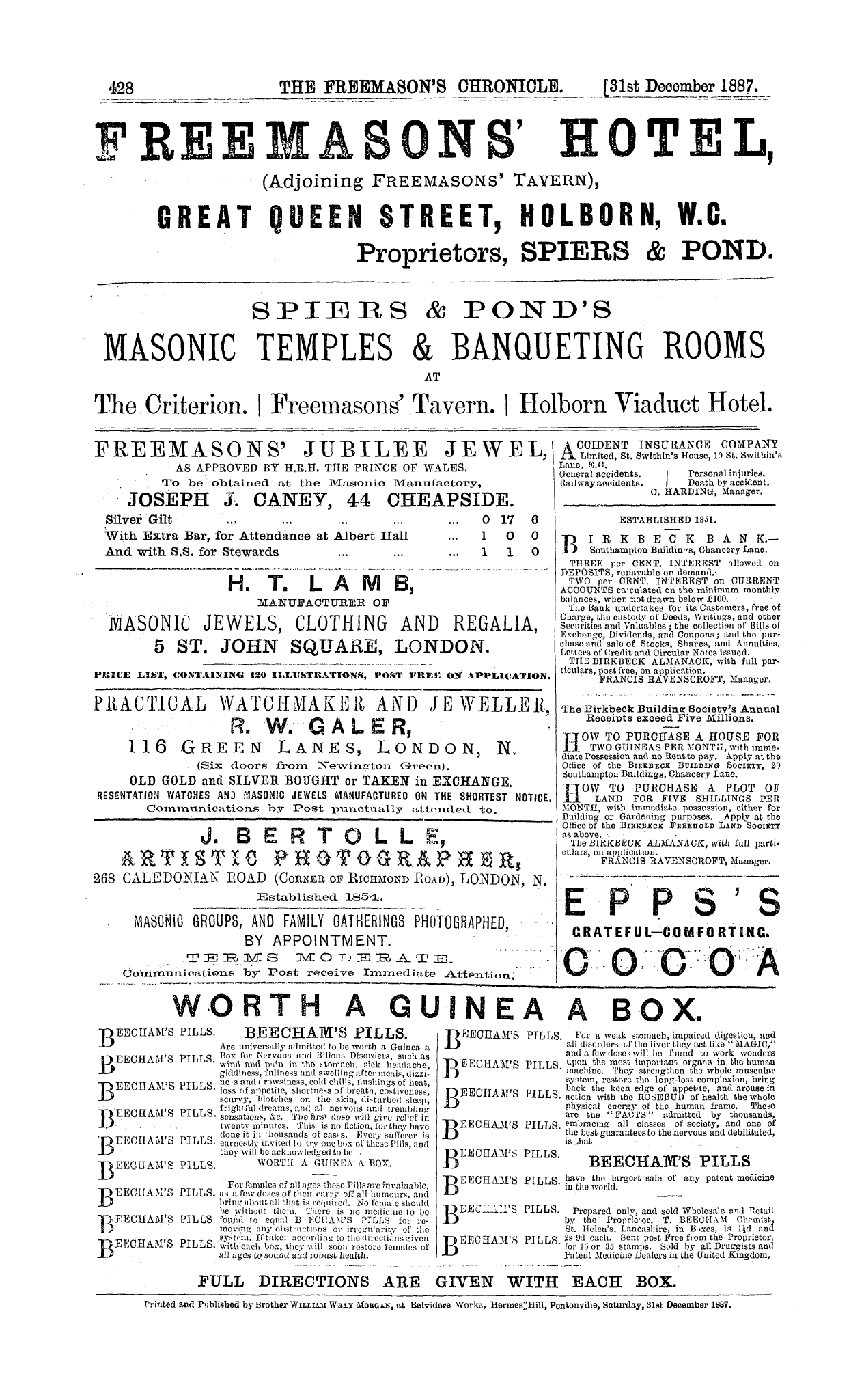 The Freemason's Chronicle: 1887-12-31 - Ad01611