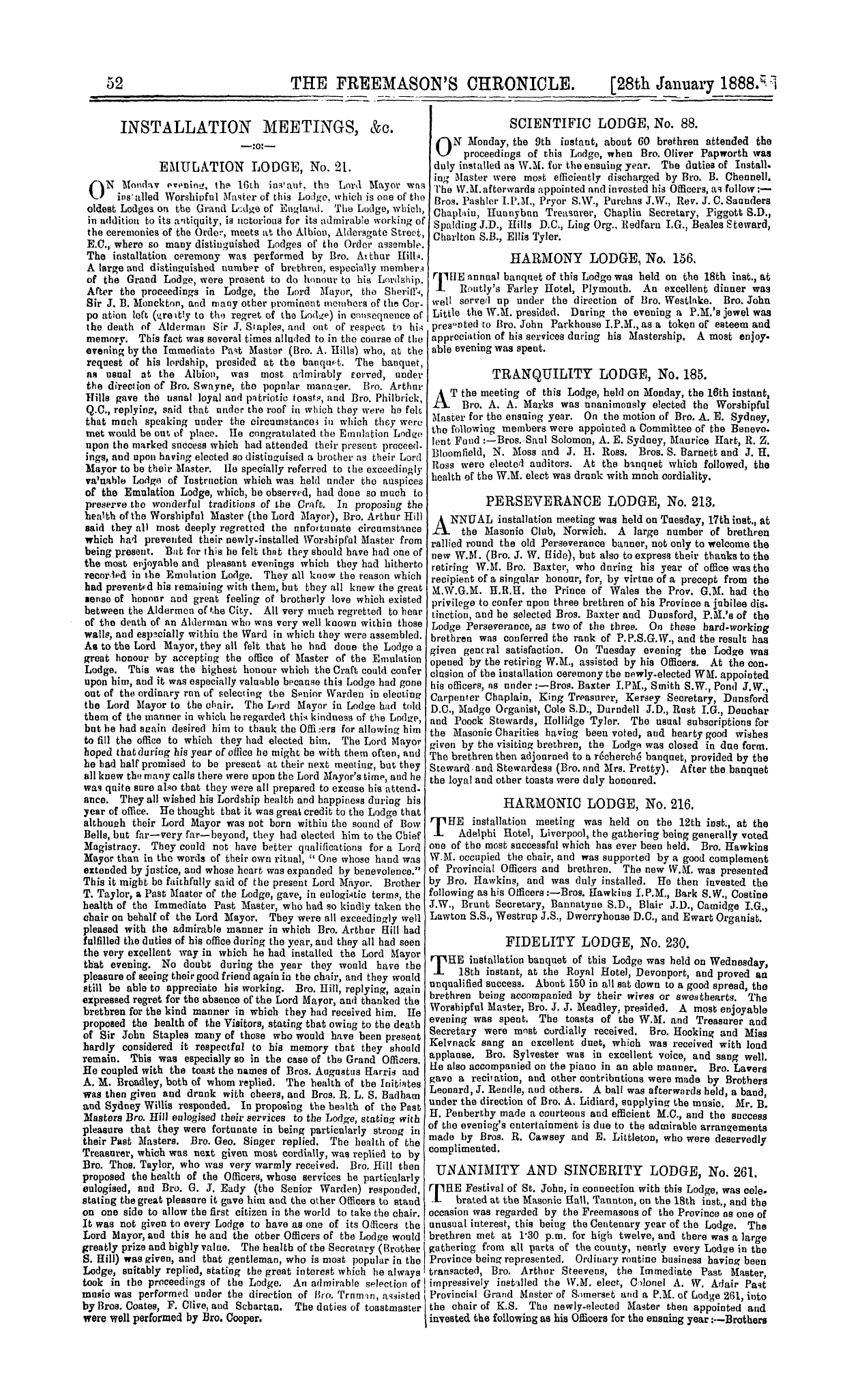 The Freemason's Chronicle: 1888-01-28 - Installation Meetings, &C.