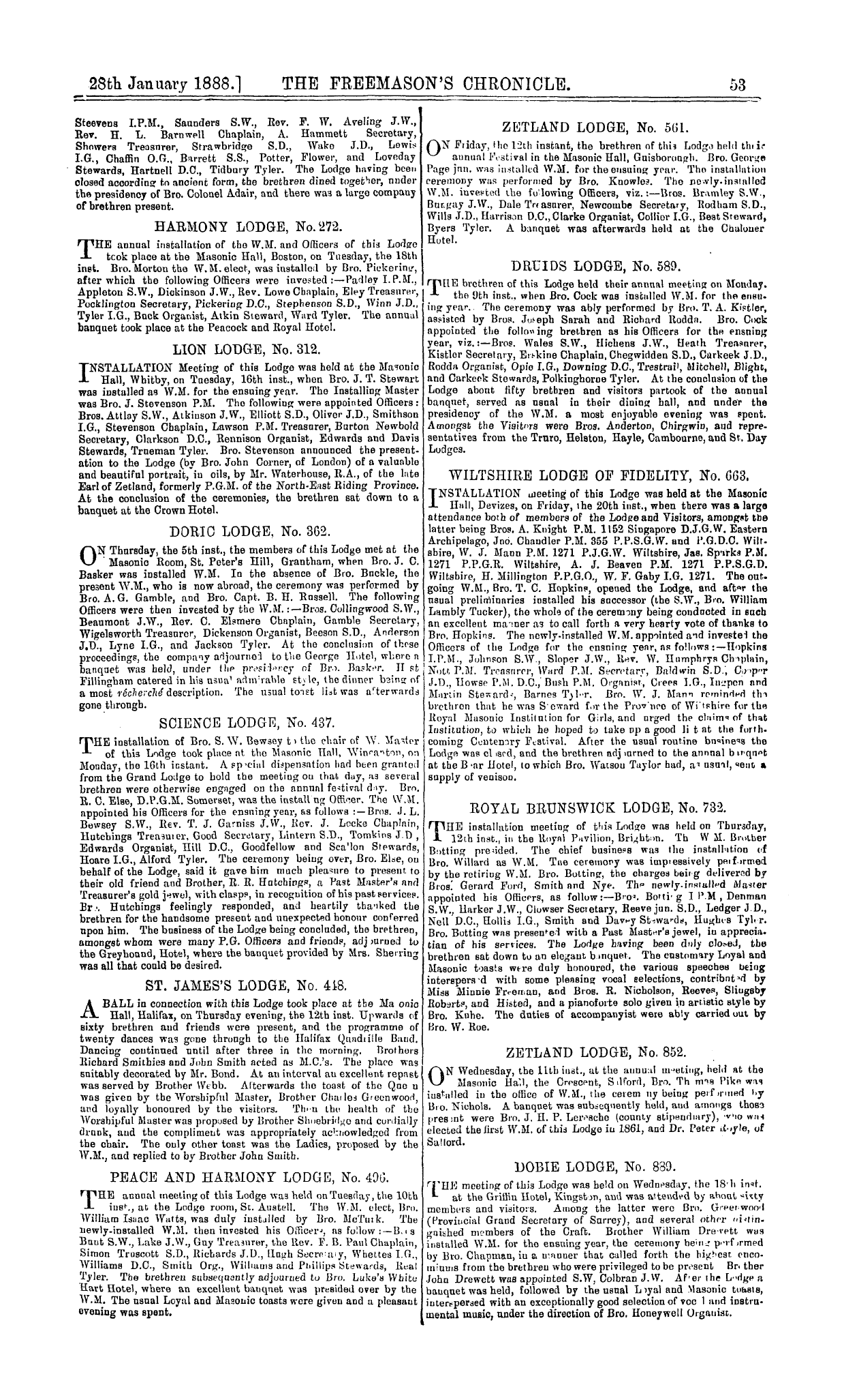 The Freemason's Chronicle: 1888-01-28 - Installation Meetings, &C.