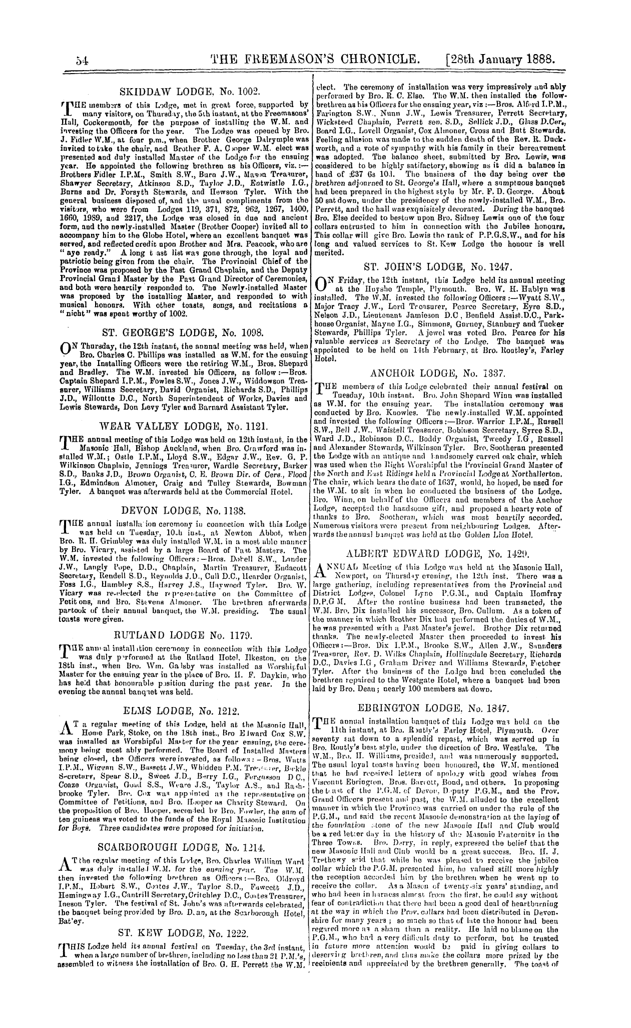 The Freemason's Chronicle: 1888-01-28 - Installation Meetings, &C.