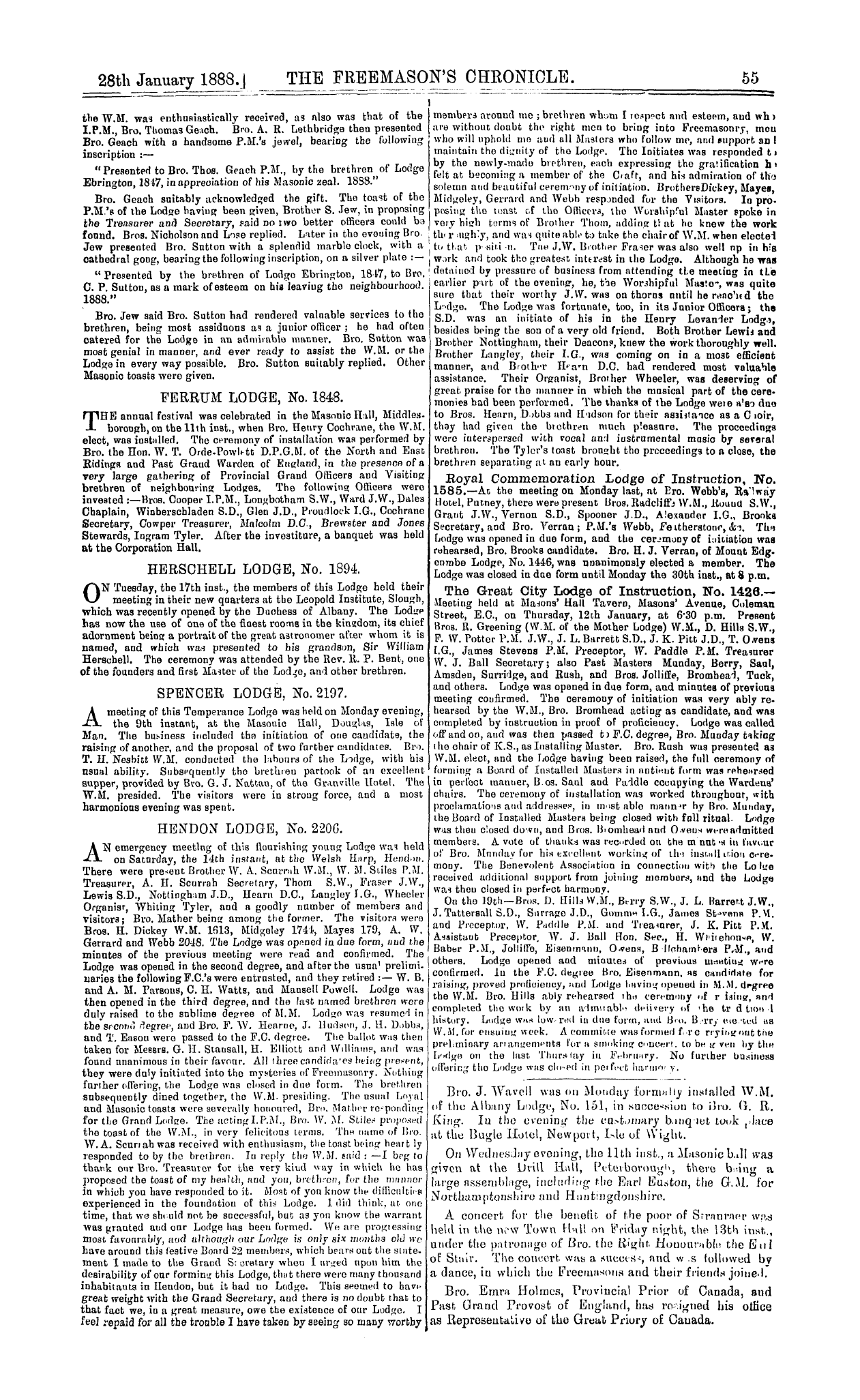 The Freemason's Chronicle: 1888-01-28 - Installation Meetings, &C.