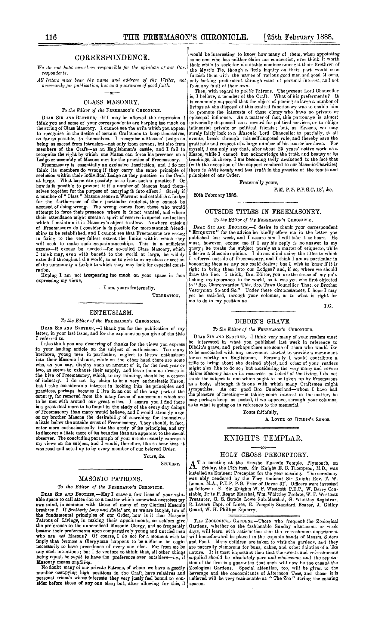 The Freemason's Chronicle: 1888-02-25 - Correspondence.
