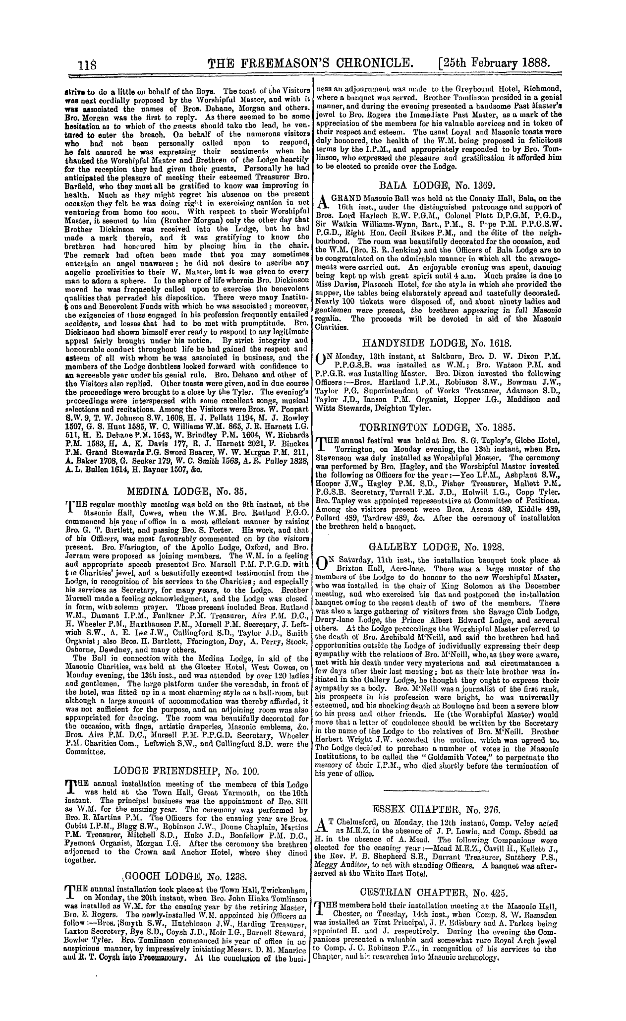 The Freemason's Chronicle: 1888-02-25 - Installation Meetings, &C.