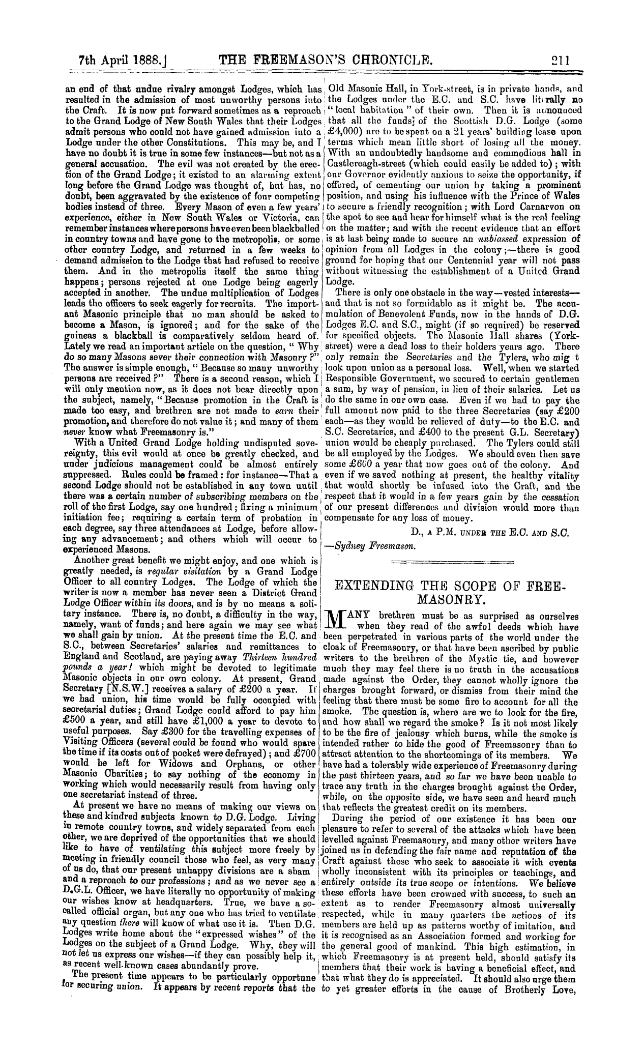 The Freemason's Chronicle: 1888-04-07 - Extending The Scope Of Freemasonry.