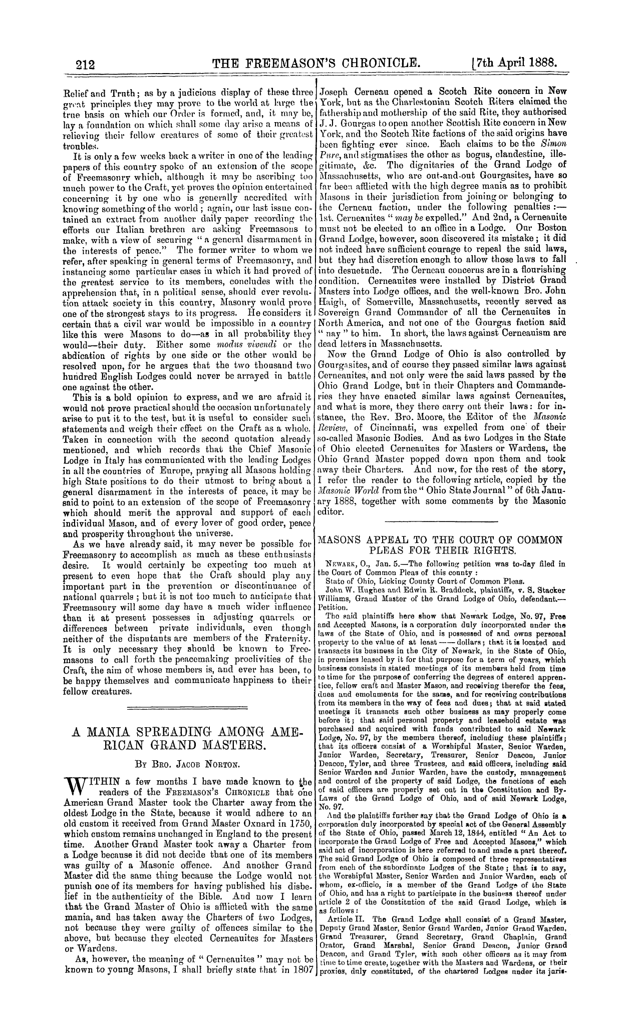 The Freemason's Chronicle: 1888-04-07 - Masons Appeal To The Court Of Common Pleas For Their Rights.