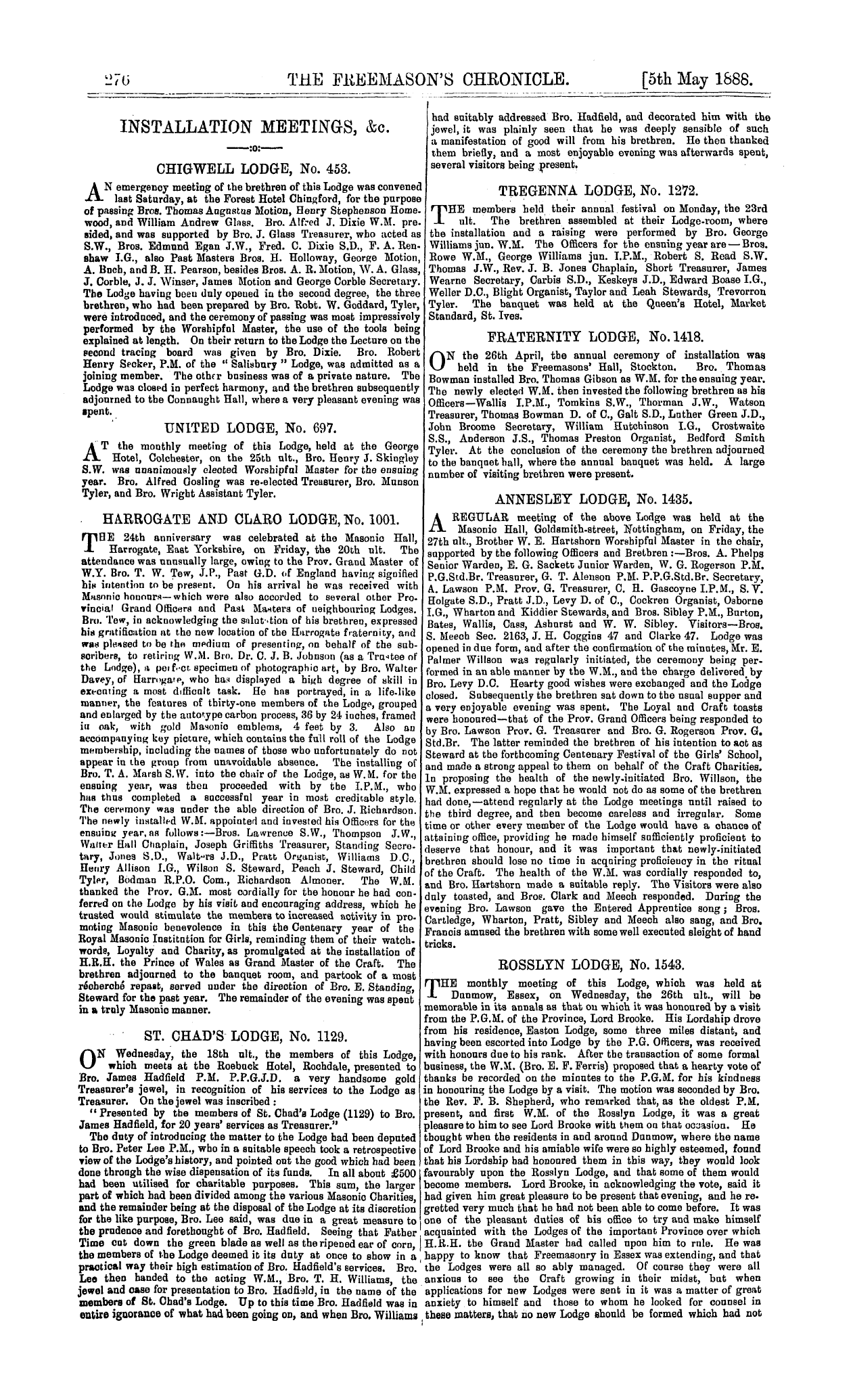 The Freemason's Chronicle: 1888-05-05 - Installation Meetings, &C.