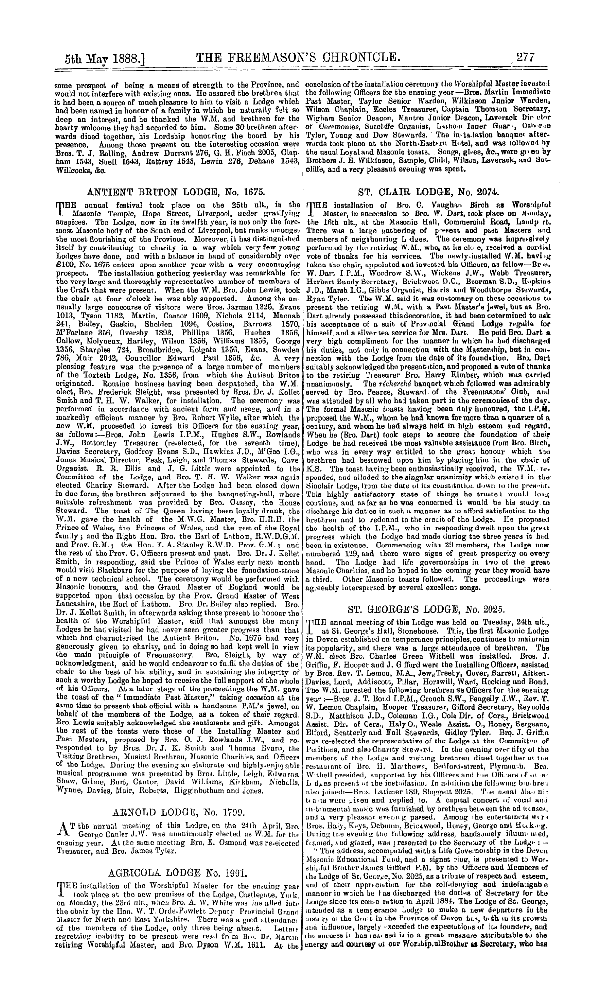 The Freemason's Chronicle: 1888-05-05 - Installation Meetings, &C.