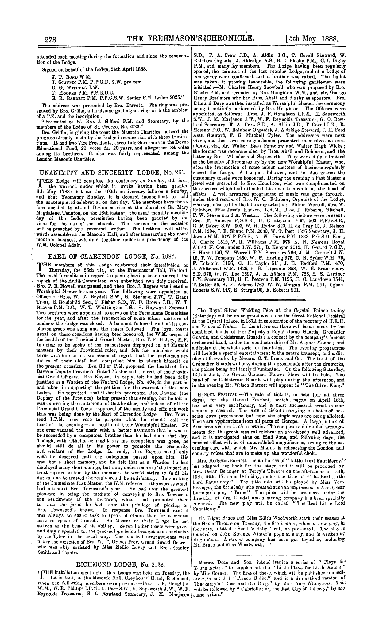 The Freemason's Chronicle: 1888-05-05 - Installation Meetings, &C.