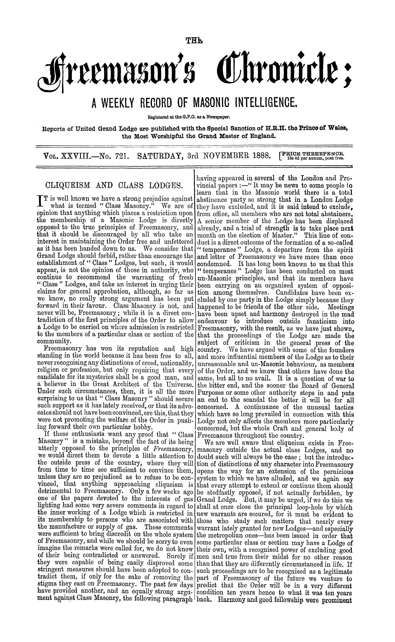 The Freemason's Chronicle: 1888-11-03 - Cliqueism And Class Lodges.