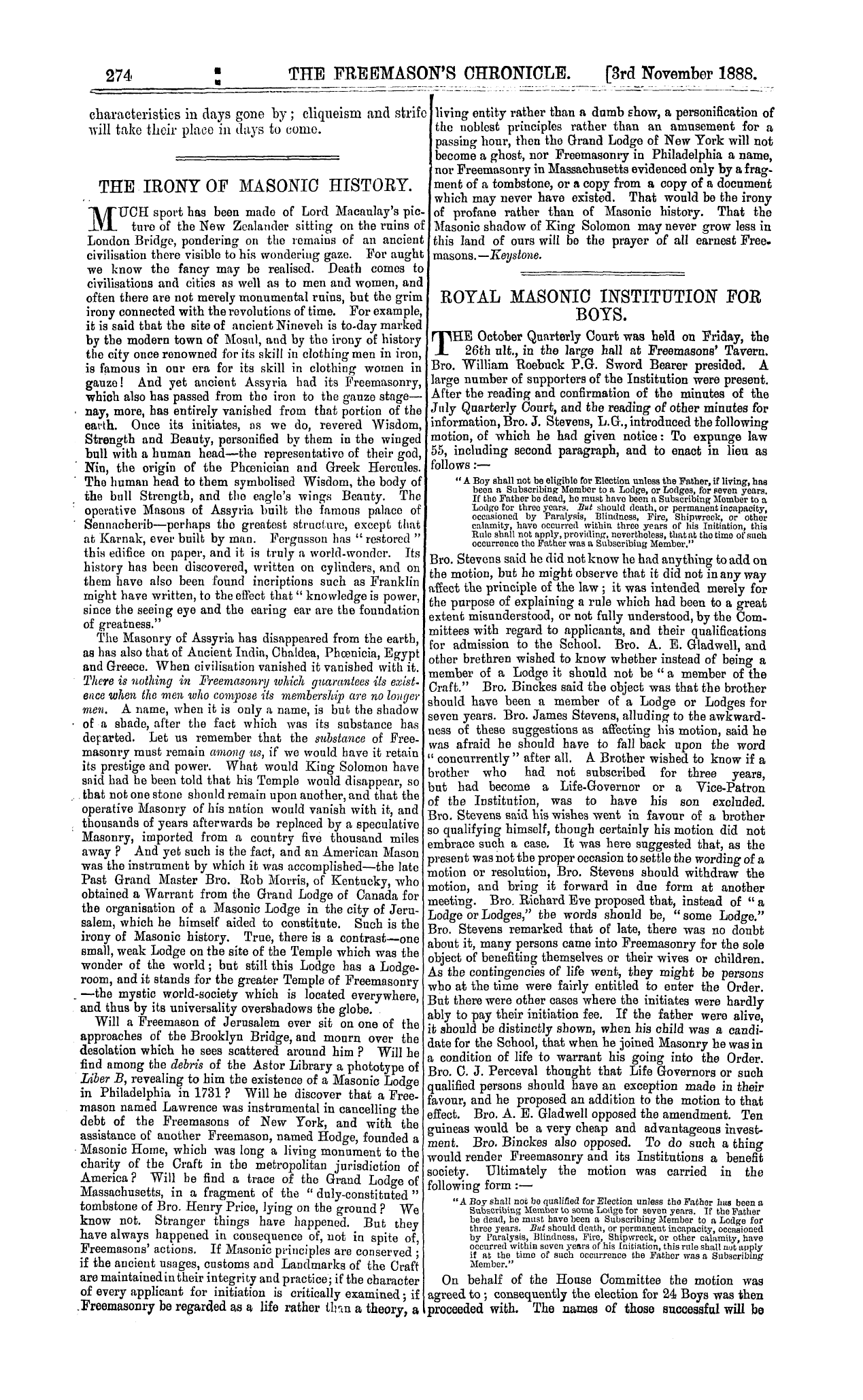 The Freemason's Chronicle: 1888-11-03 - Cliqueism And Class Lodges.