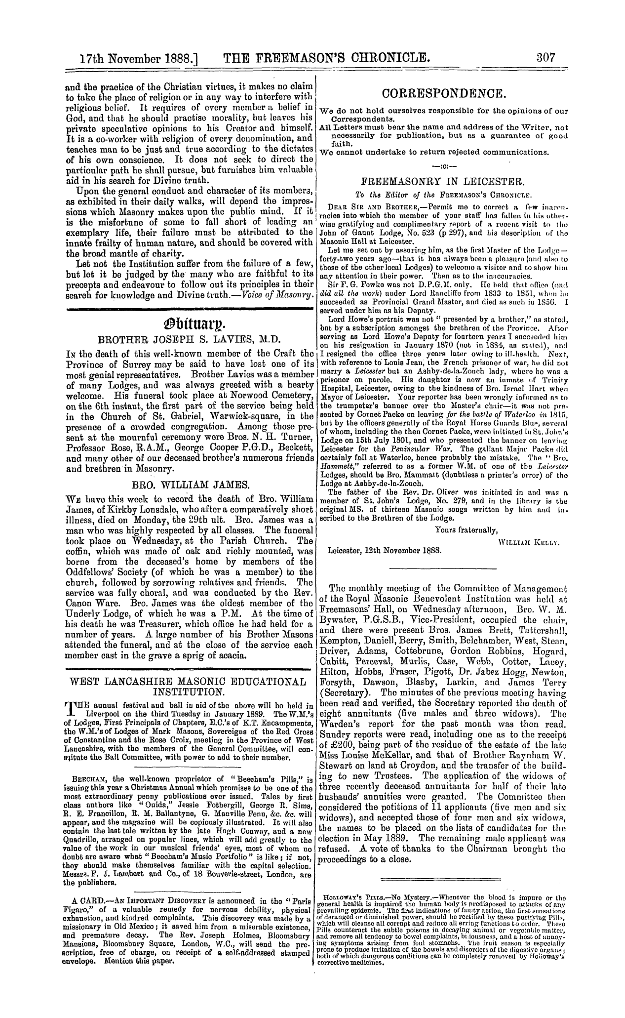 The Freemason's Chronicle: 1888-11-17 - Furnishes Valuable Aid.