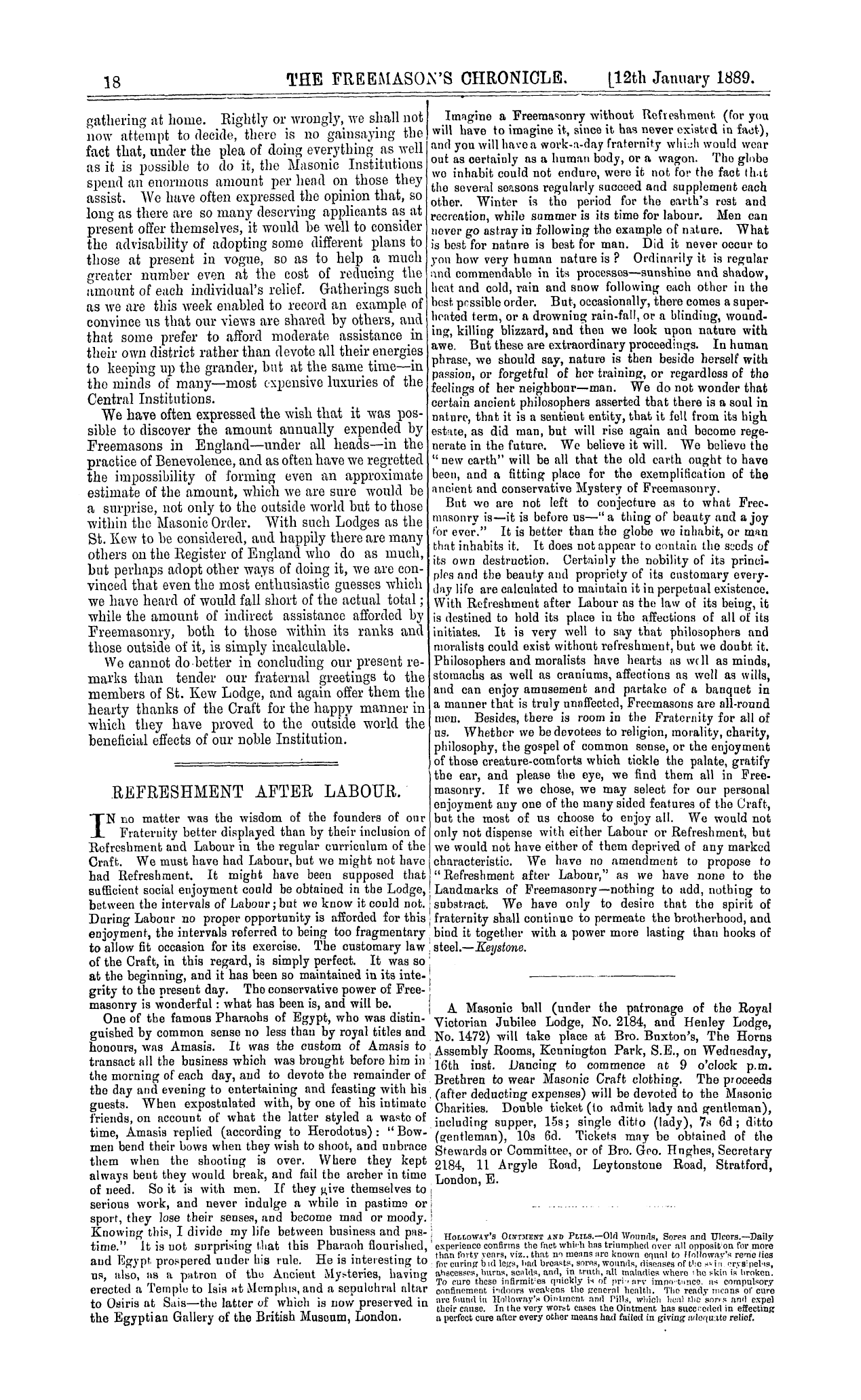 The Freemason's Chronicle: 1889-01-12 - Refreshment After Labour.