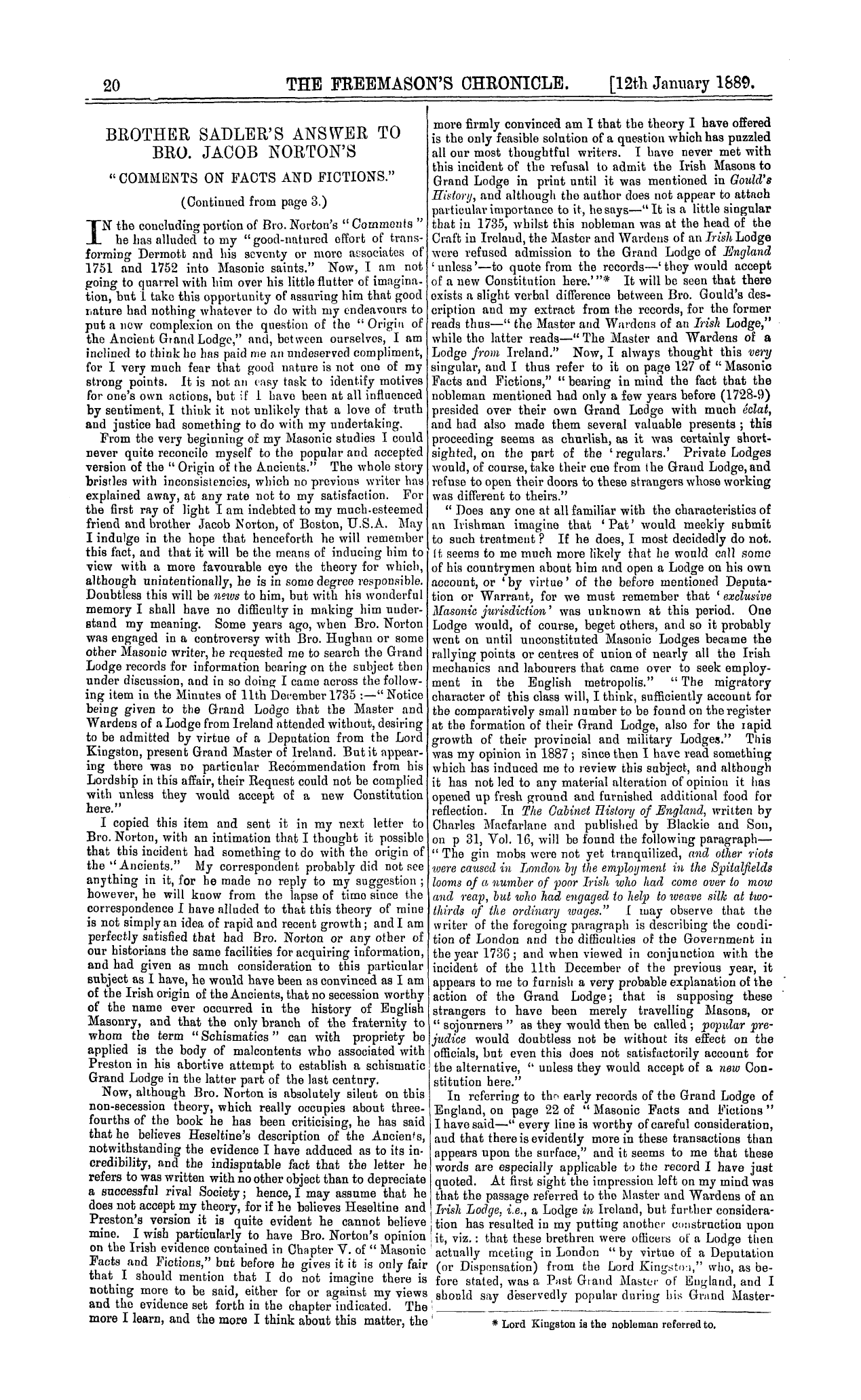 The Freemason's Chronicle: 1889-01-12 - Brother Sadler's Answer To Bro. Jacob Norton's