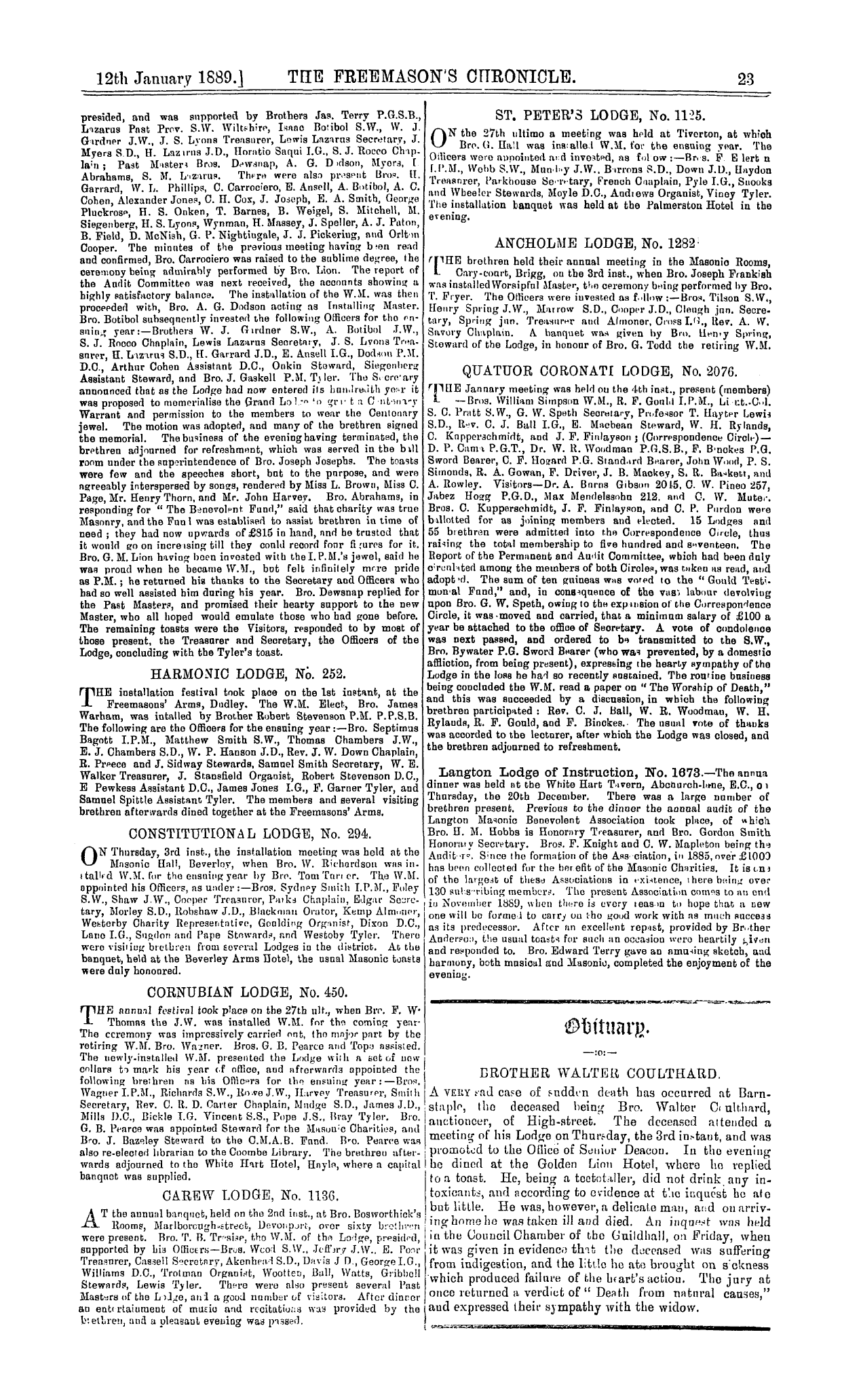 The Freemason's Chronicle: 1889-01-12 - Obituary.