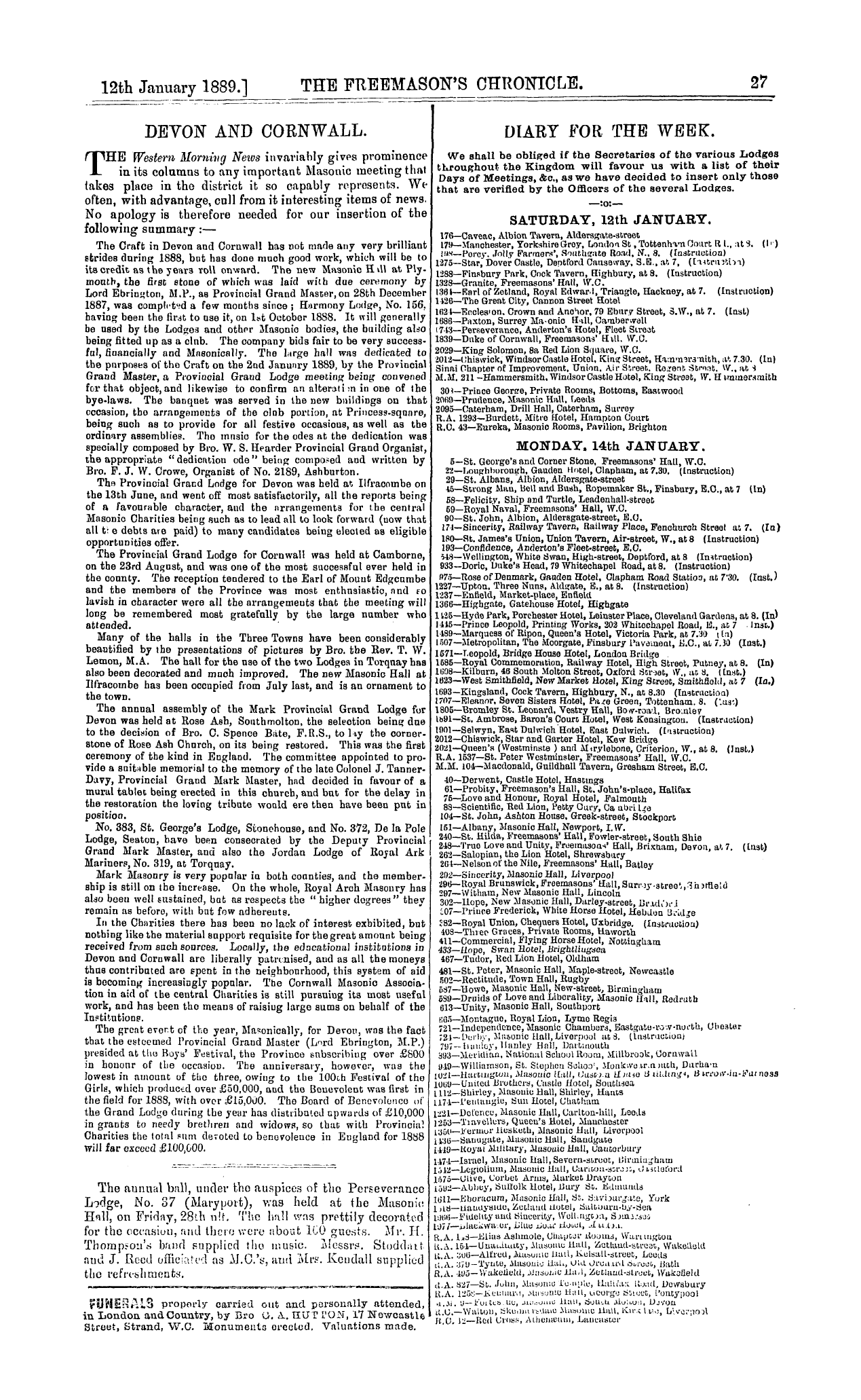 The Freemason's Chronicle: 1889-01-12 - Devon And Cornwall.