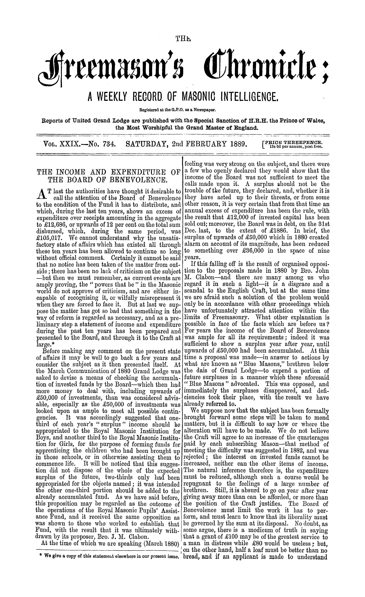 The Freemason's Chronicle: 1889-02-02 - The Income And Expenditure Of The Board Of Benevolence.