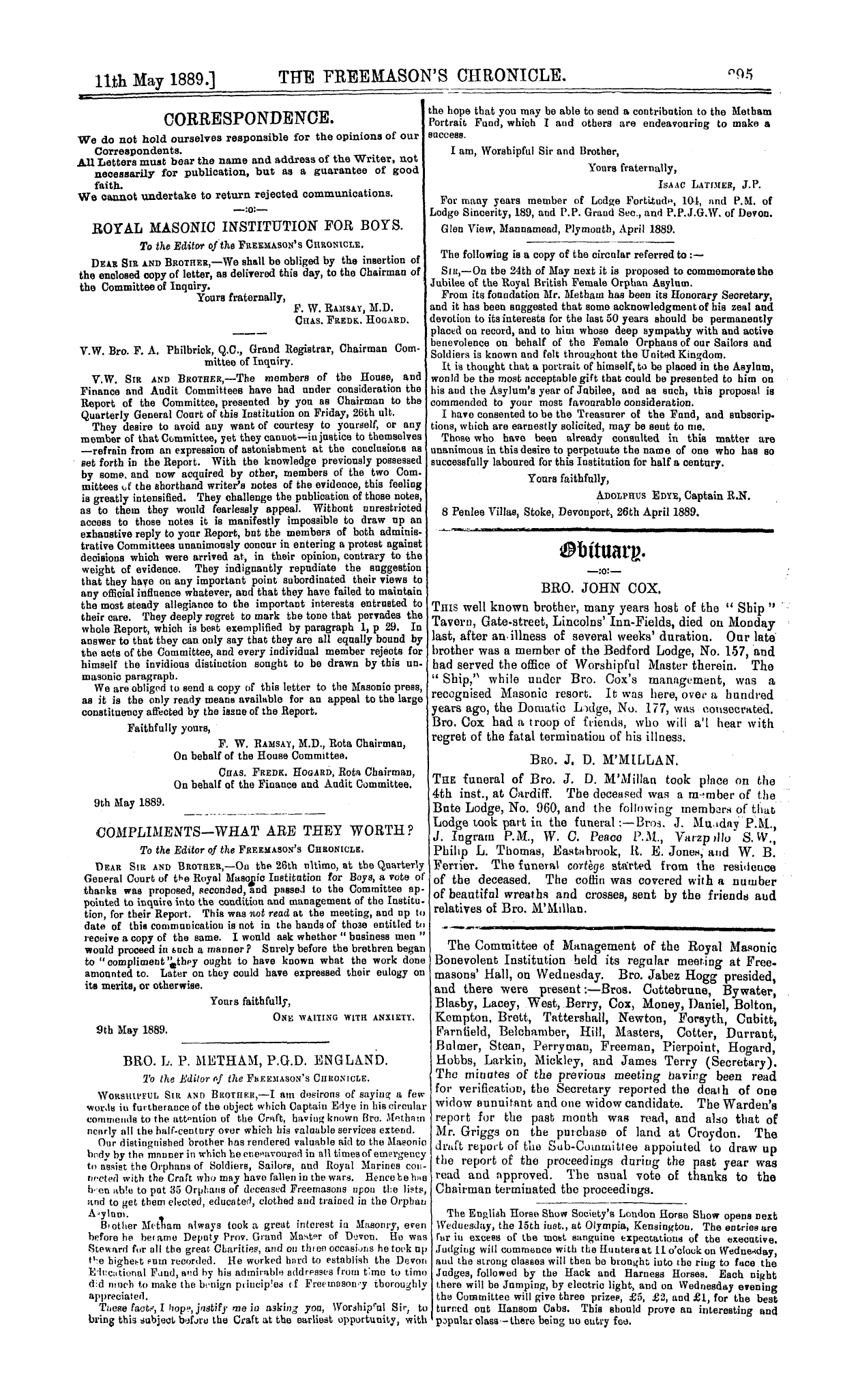 The Freemason's Chronicle: 1889-05-11 - Correspondence.