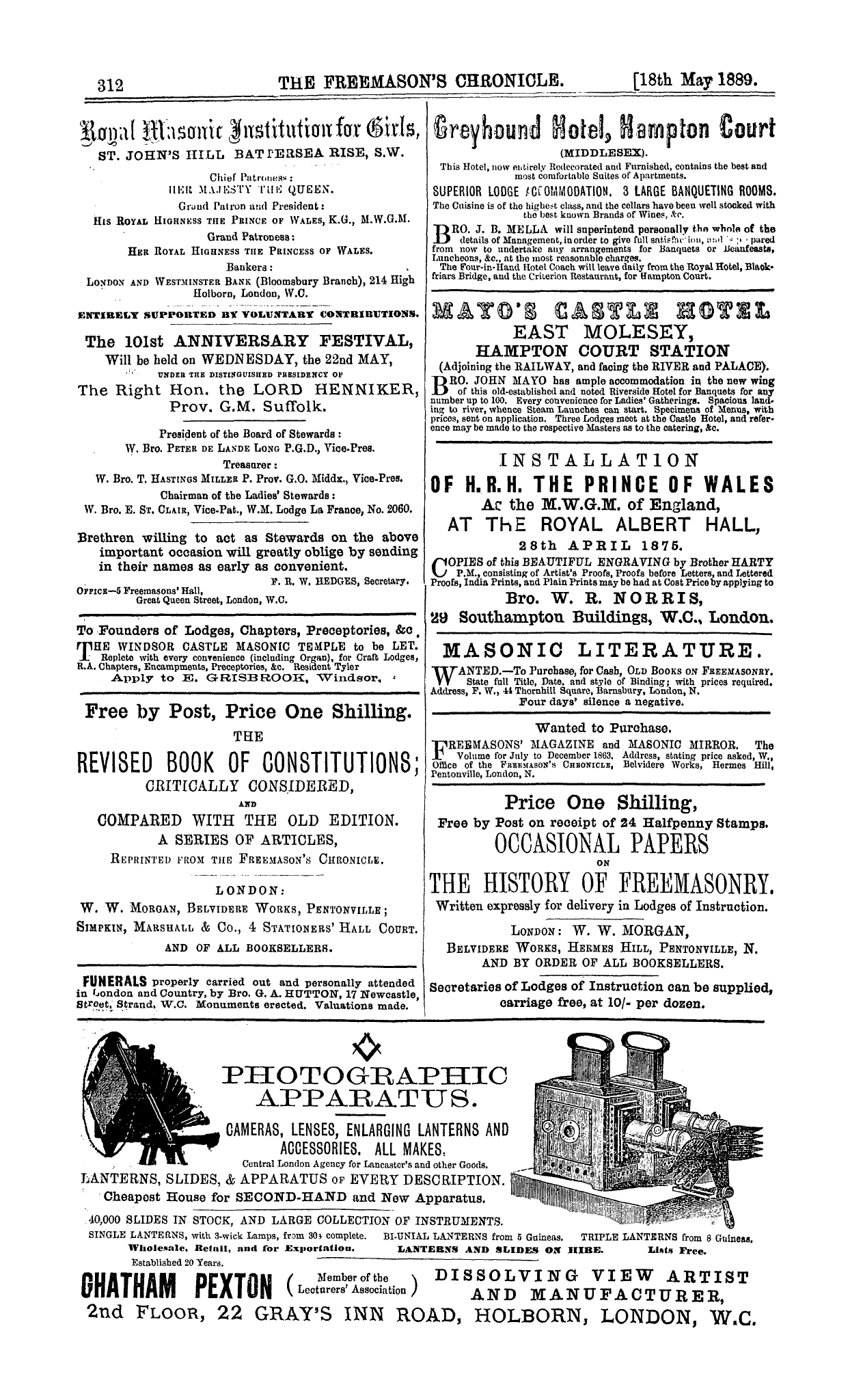 The Freemason's Chronicle: 1889-05-18 - Ad00808