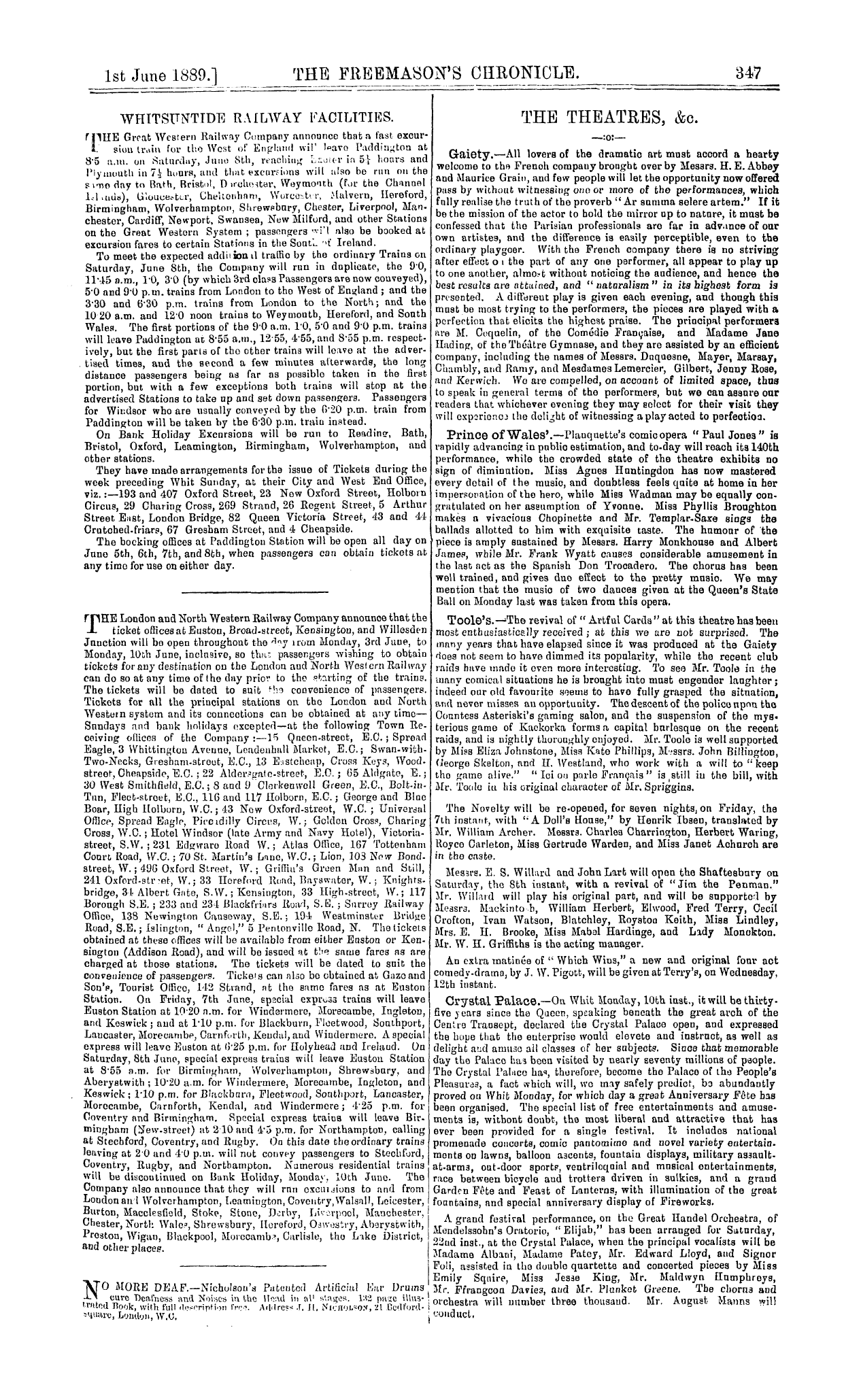 The Freemason's Chronicle: 1889-06-01 - Whitsuntide Railway Facilities.
