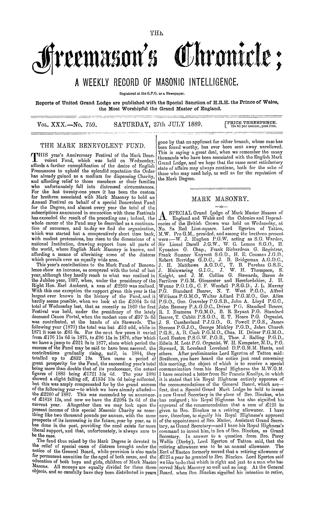 The Freemason's Chronicle: 1889-07-27: 1