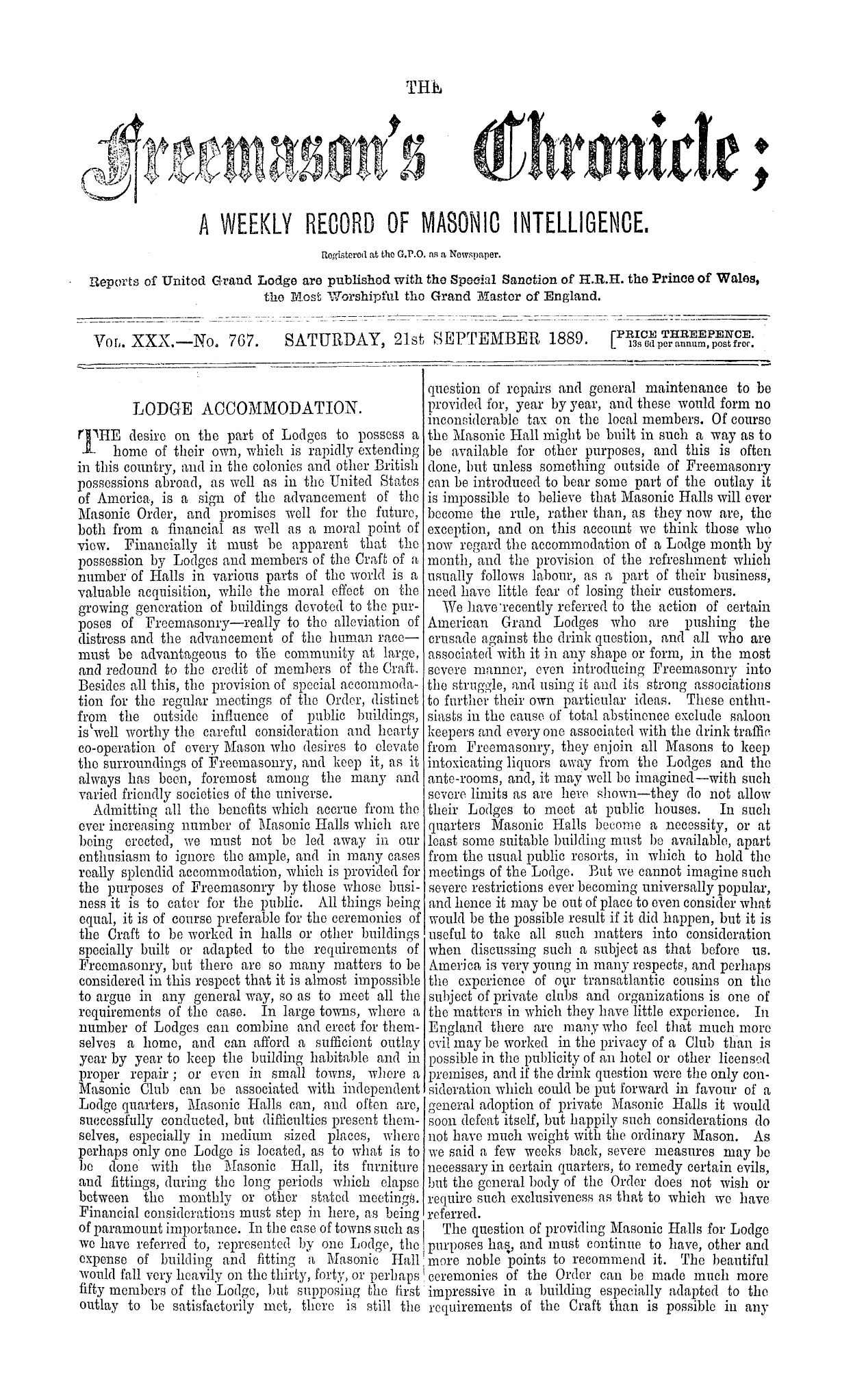 The Freemason's Chronicle: 1889-09-21 - Lodge Accommodation.