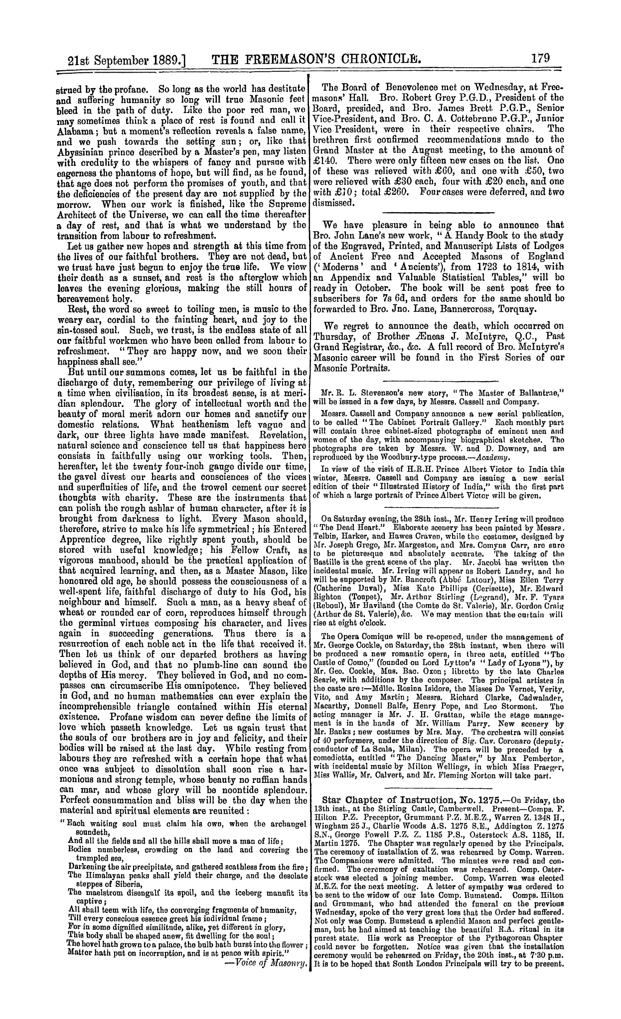 The Freemason's Chronicle: 1889-09-21 - From Low To High Twelve.