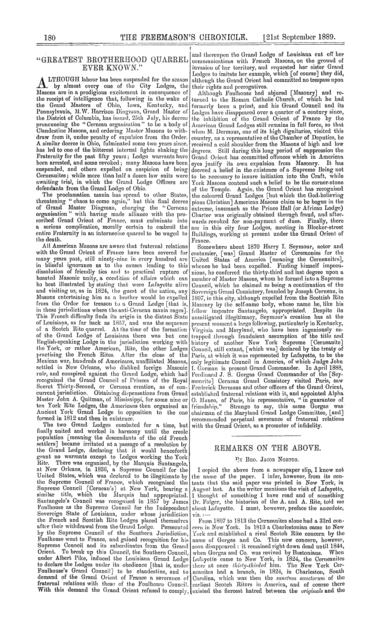 The Freemason's Chronicle: 1889-09-21 - "Greatest Brotherhood Quarrel Ever Known."