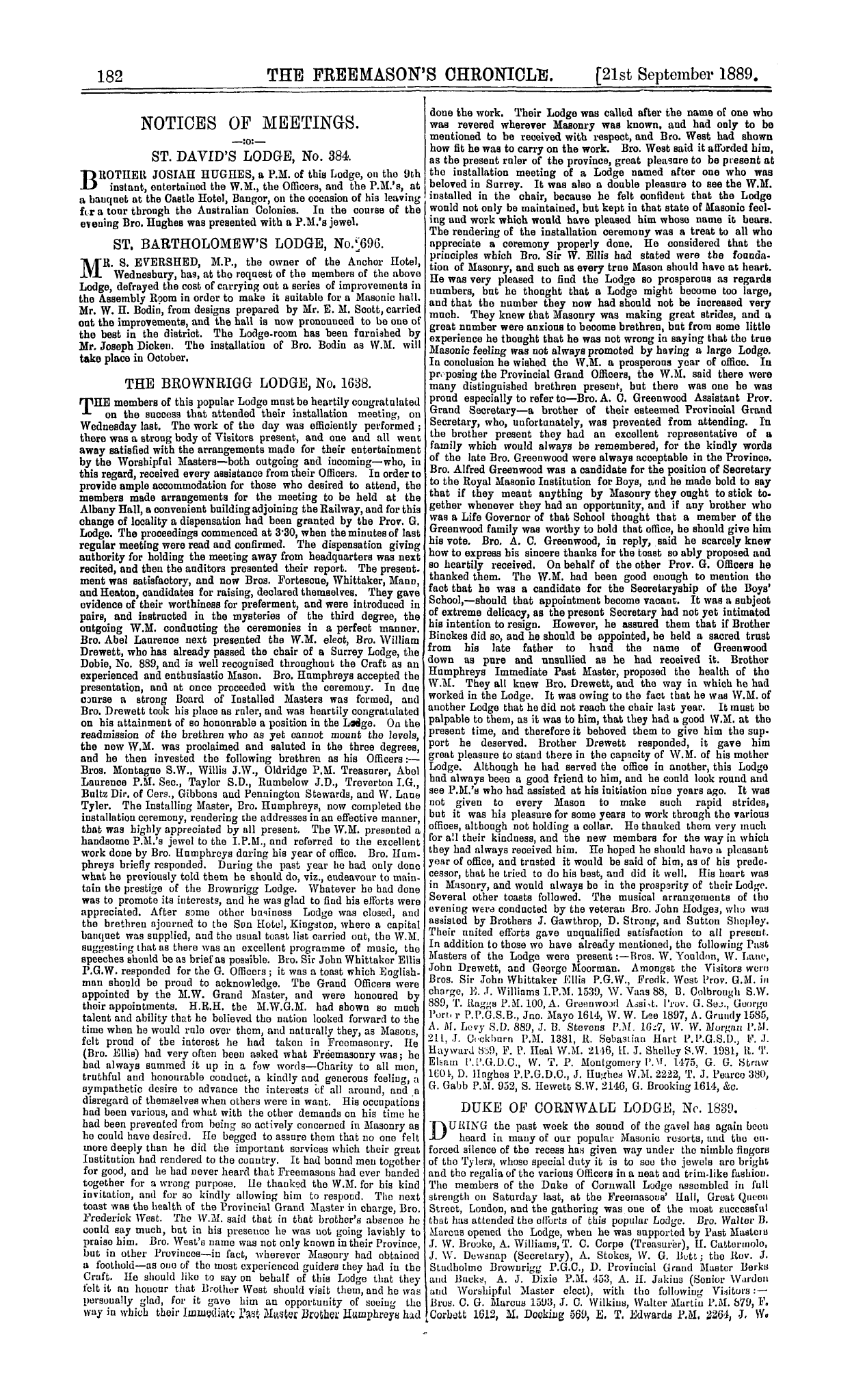 The Freemason's Chronicle: 1889-09-21 - Notices Of Meetings.