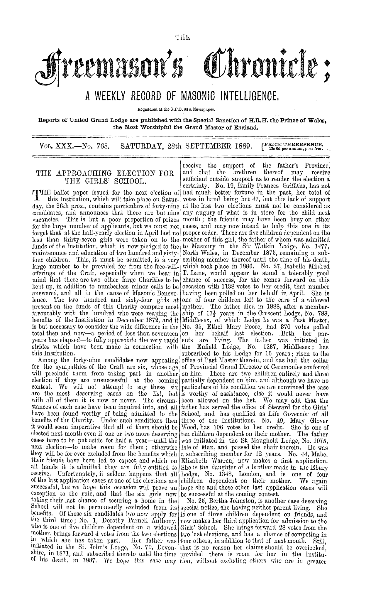 The Freemason's Chronicle: 1889-09-28 - The Approaching Election For The Girls' School.