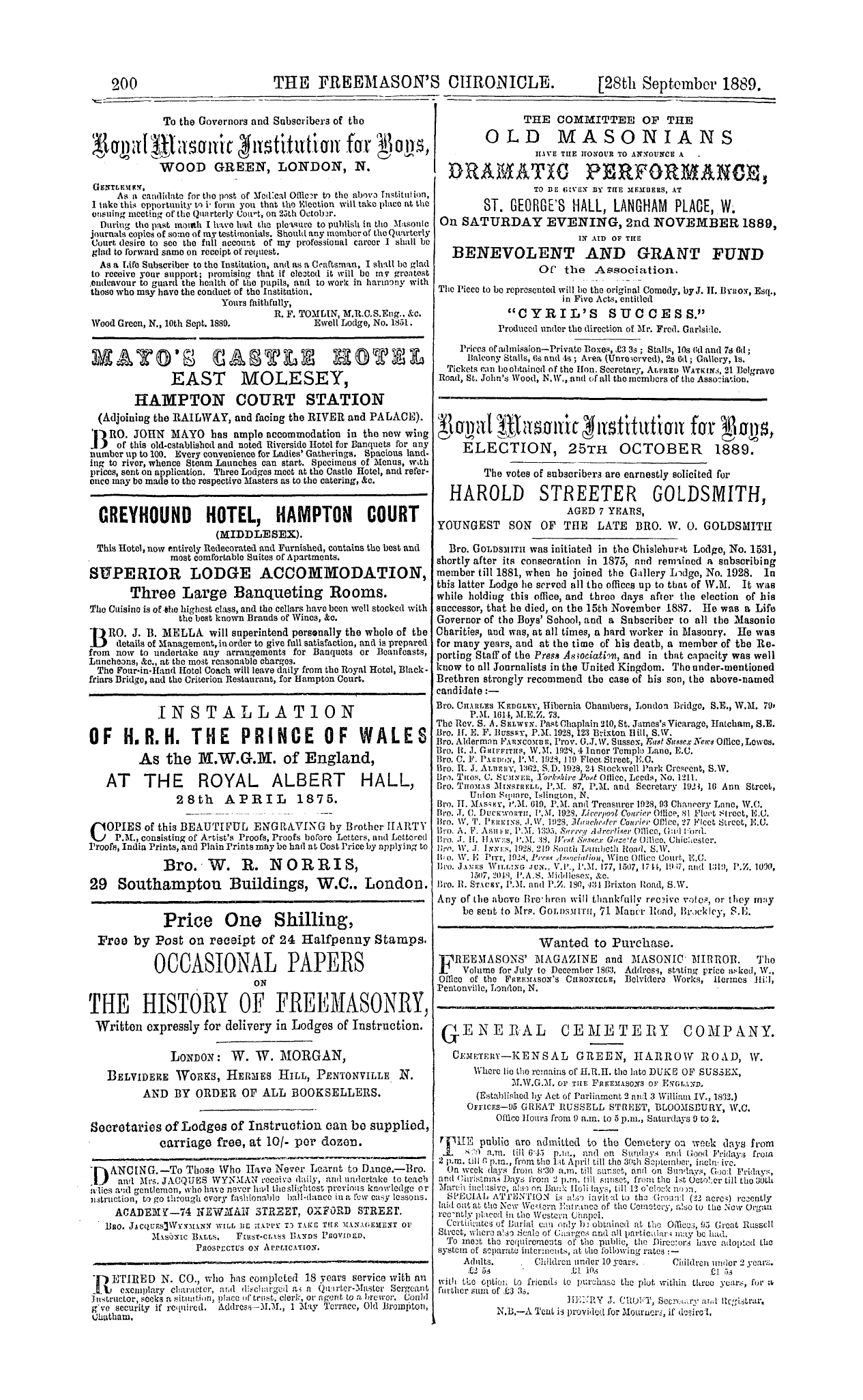 The Freemason's Chronicle: 1889-09-28 - Ad00809
