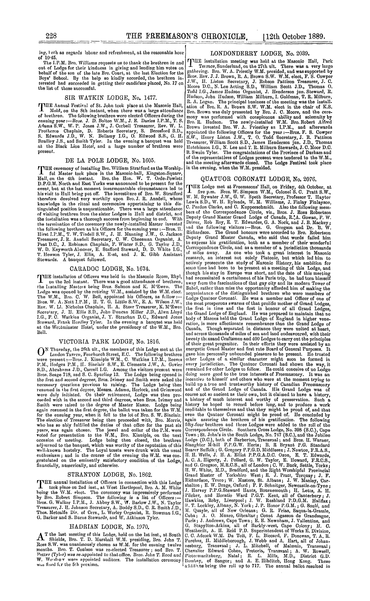 The Freemason's Chronicle: 1889-10-12 - Notices Of Meetings.