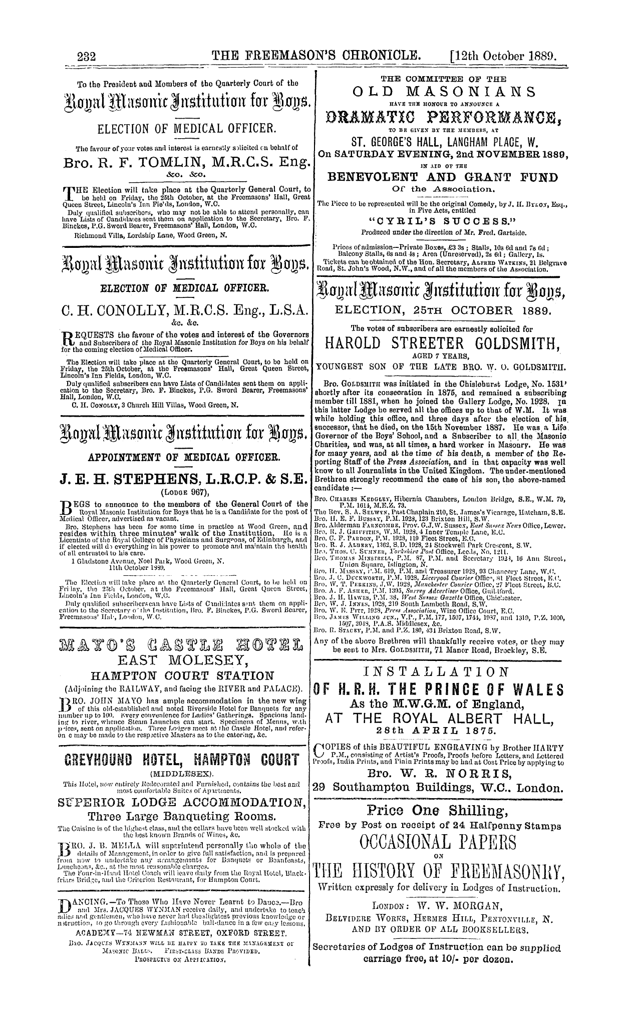 The Freemason's Chronicle: 1889-10-12 - Ad00809