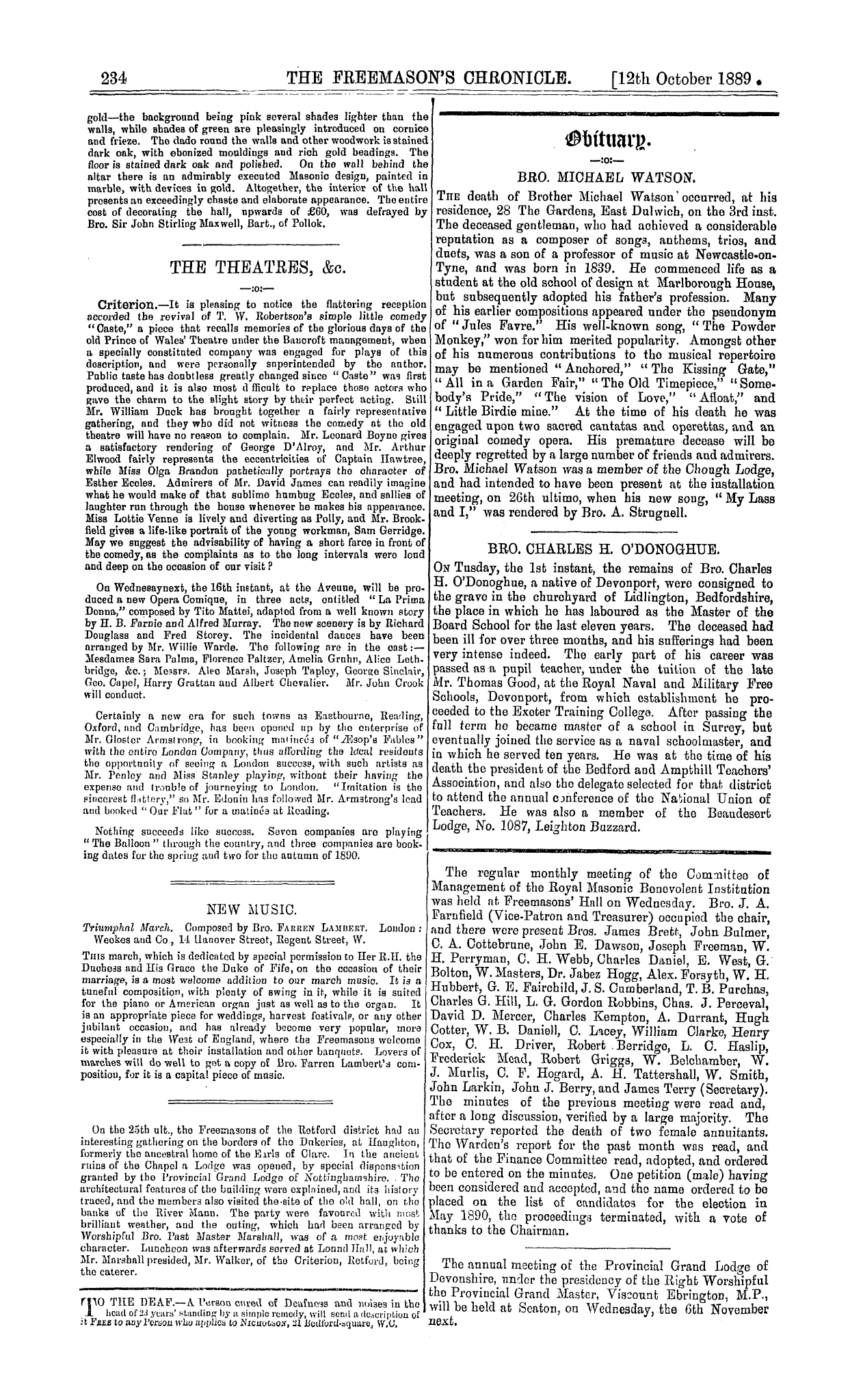 The Freemason's Chronicle: 1889-10-12 - The Theatres, &C.