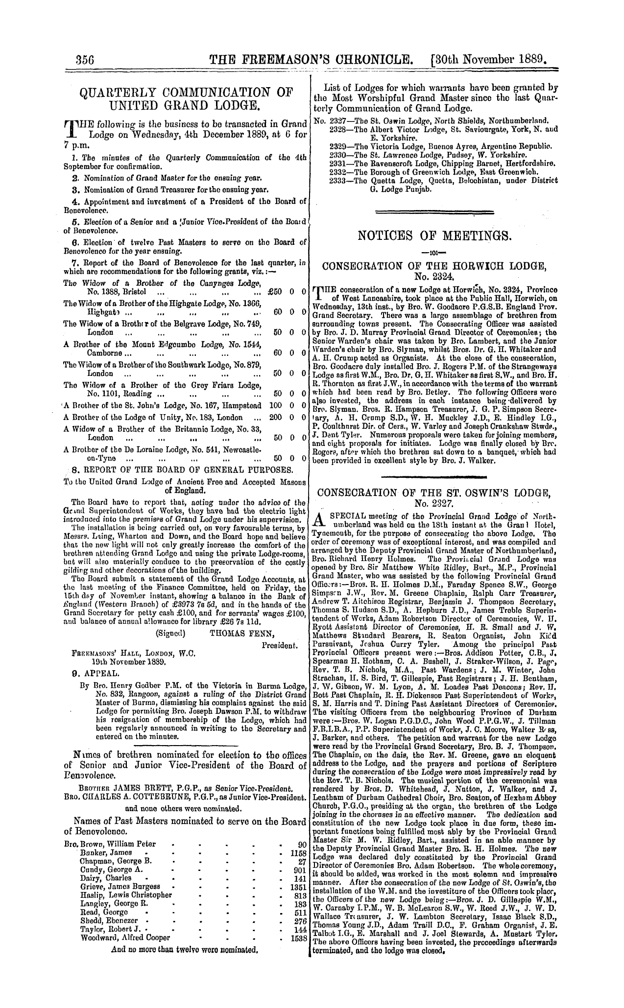 The Freemason's Chronicle: 1889-11-30 - Quarterly Communication Of United Grand Lodge.